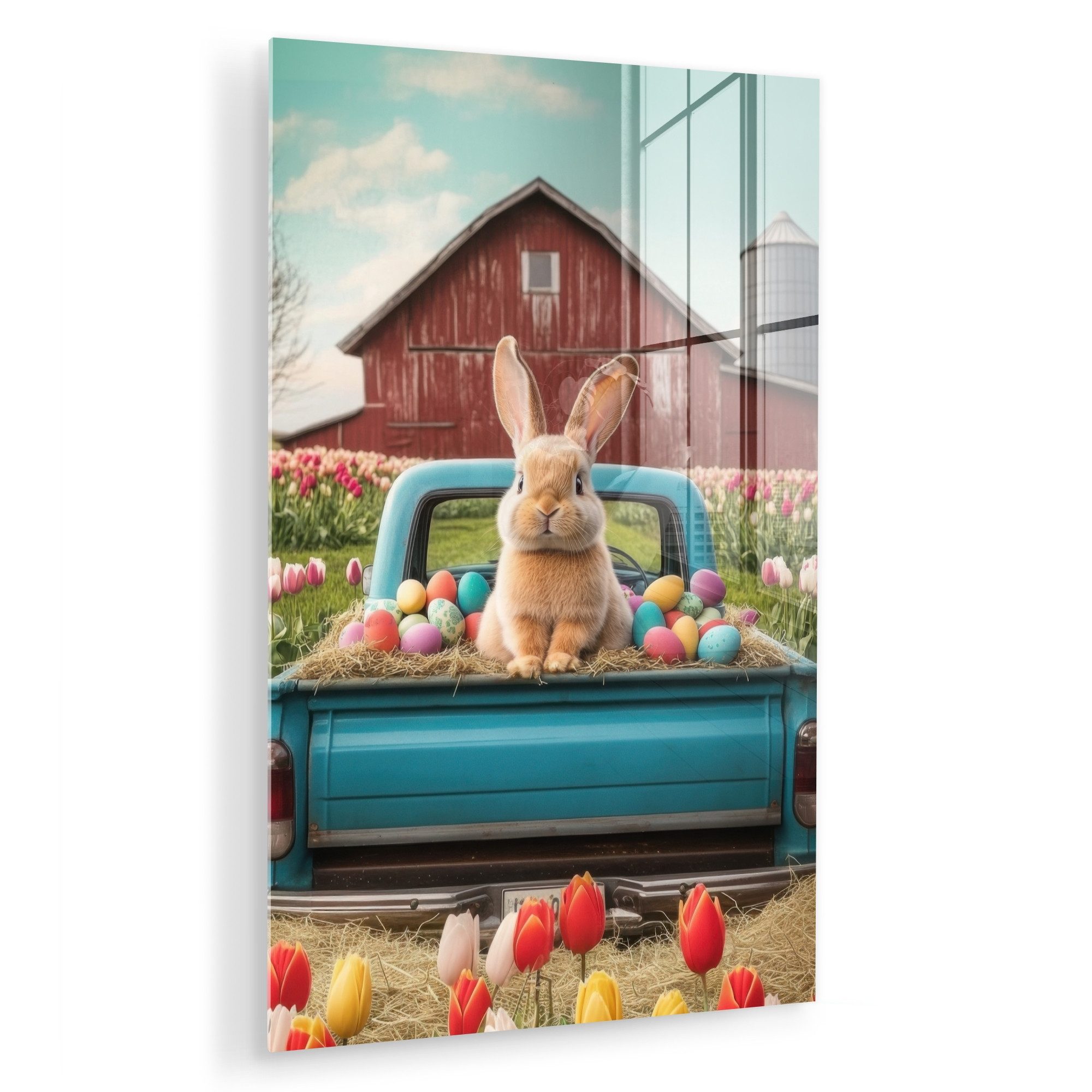 MuchoWow Acrylglasbild Kaninchen - Bauernhof - Eier, Inkl. Aufhängung, Dekoration Wohnzimmer auf Glas, Wand Bilder Deko XXL, 80x120 cm