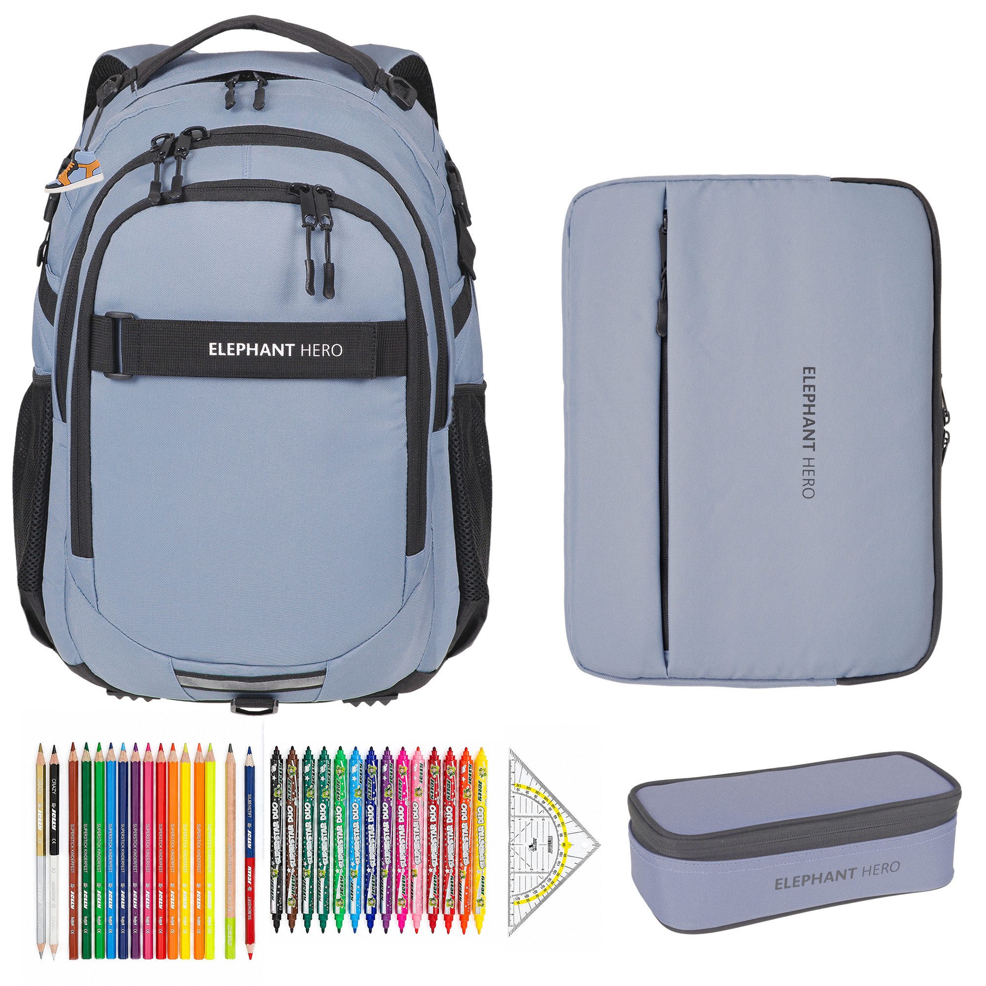 ELEPHANT Schulrucksack Hero Signature Schultasche Digital Ready Set (4 Teile Schulrucksackset, 4-tlg., inkl. Mäppchen Box + Laptop Hülle Sleeve + 31 Teile Stifte), Rucksack Schulmappe Jungen Mädchen +rmlv