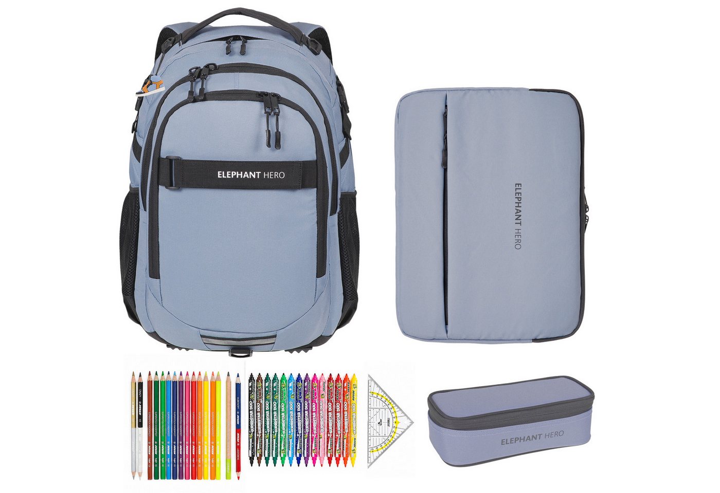 ELEPHANT Schulrucksack Hero Signature Schultasche Digital Ready Set (4 Teile Schulrucksackset, 4-tlg., inkl. Mäppchen Box + Laptop Hülle Sleeve + 31 Teile Stifte), Rucksack Schulmappe Jungen Mädchen +rmlv