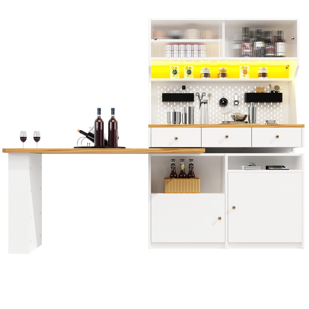 BBWL Hochschrank mit Schreibtisch & Bartisch, LED App-Steuerung, Pegboard, Glas Multifunktionaler Hochschrank, verstellbare Böden, MDF Büro Wohnmöbel
