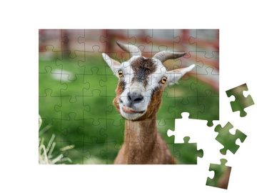 puzzleYOU Puzzle Nahaufnahme: lustige Ziege auf der Wiese, 48 Puzzleteile, puzzleYOU-Kollektionen Ziegen