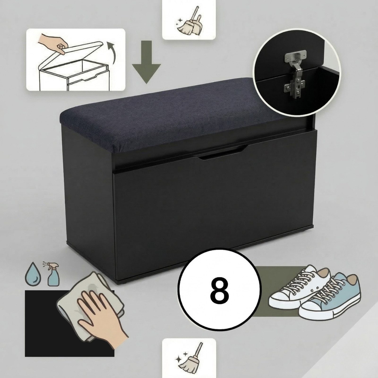 BOXIMO Schuhschrank Schuhschrank mit Sitzfläche und Stauraum SOTO, 80 x 50 x 35 cm (Schuhschrank GRADIA mit Sitzbank) – Bild 5 von 5