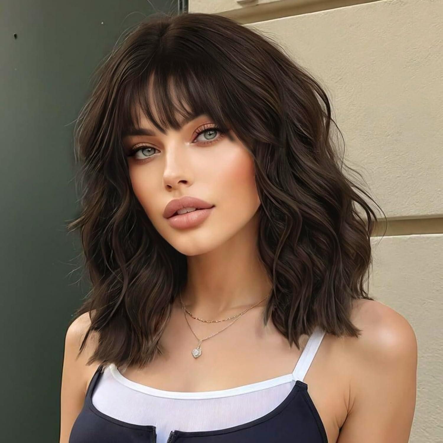 LuxusKollektion Kostüm-Perücke Perücke Damen Bob Pony Kurz Lockig Cosplay Wig 14 Zoll Dunkelbraun