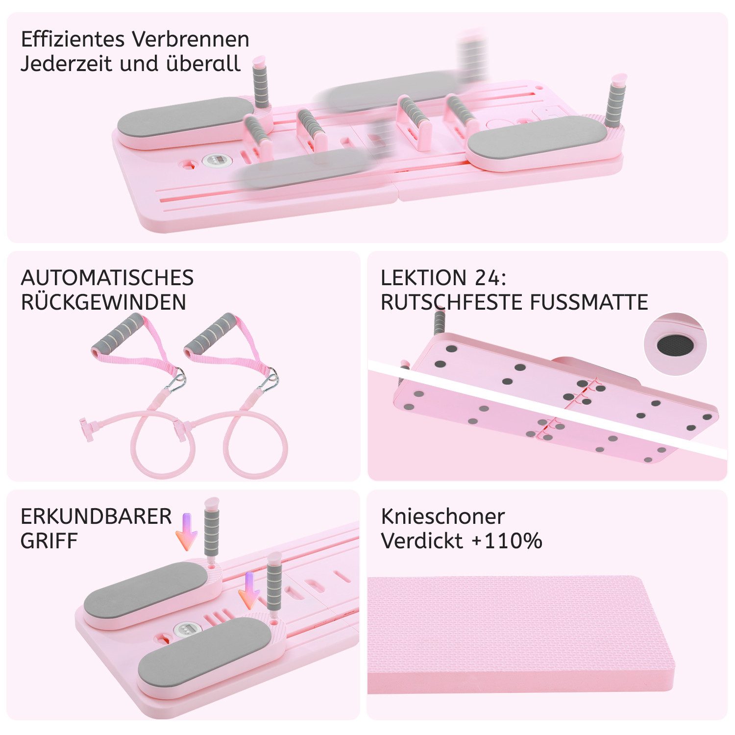 kehot Ganzkörpertrainer Faltbares Pilatesboard Multifunktionales Trainingsboard mit Zugstange, (Mehrere Trainingsfunktionen für Ganzkörperübungen zu Hause, 106×41 cm, 12-tlg., Inklusive Zugstange, Widerstandsbänder und Liegestützgriffe), Platzsparendes Klappdesign aus PP mit rutschfesten Polsterflächen
