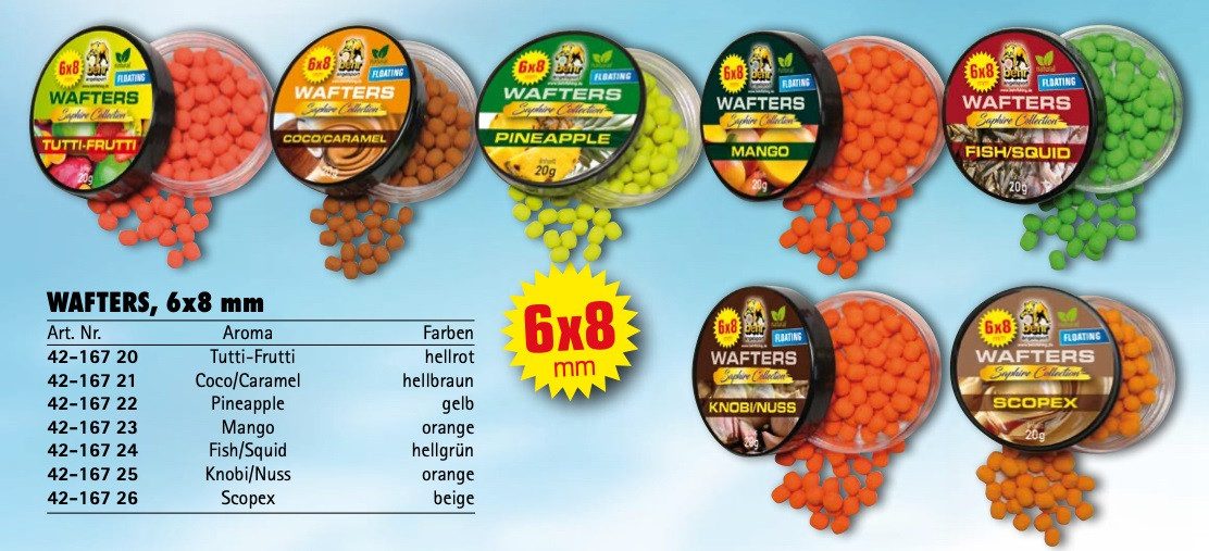 Behr Kunstköder Wafters Spar Set 6x8mm Hakenköder schwimmend 20g - 6 Aromen Karpfen, (6-St), Tolle Farben