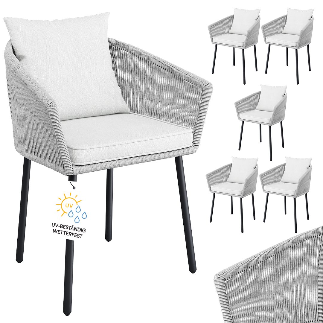 STEELSØN Gartenstuhl Nair mit Sitzauflagen & Kissen (6er Set, hellgrau), Gartensessel aus Polyrattan, elastisches Seilgeflecht, wetterbeständig