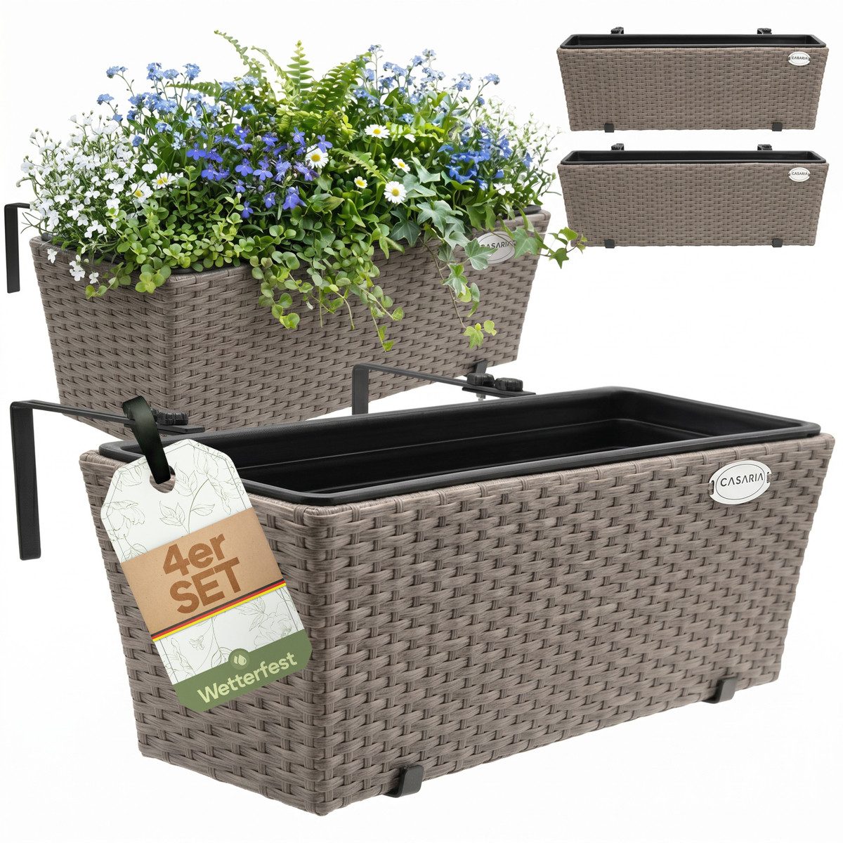 Casaria Blumenkasten, 4er Set 11 Liter Montagehalterung Indoor Outdoor Geländerkasten