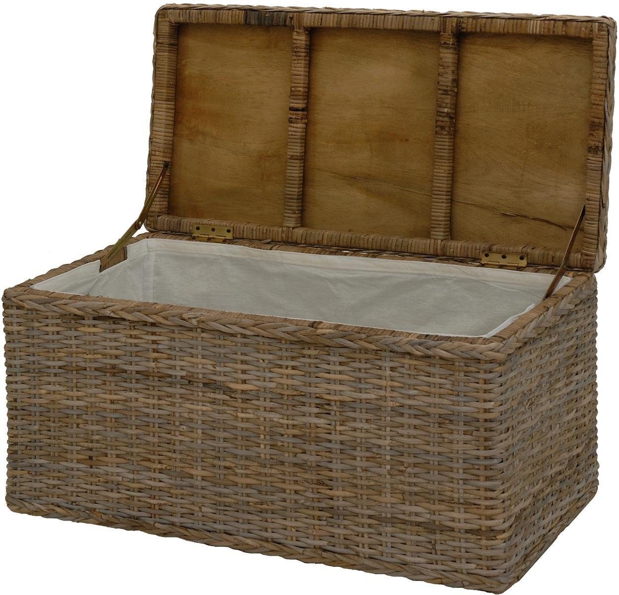 Krines Home Truhe Wäschetruhe mit Deckel Natur Rattan Truhe Aufbewahrung Rattantruhe (Wäschebox), mit herausnehmbarem Stoffinlett Truhenbank 80x40x40cm