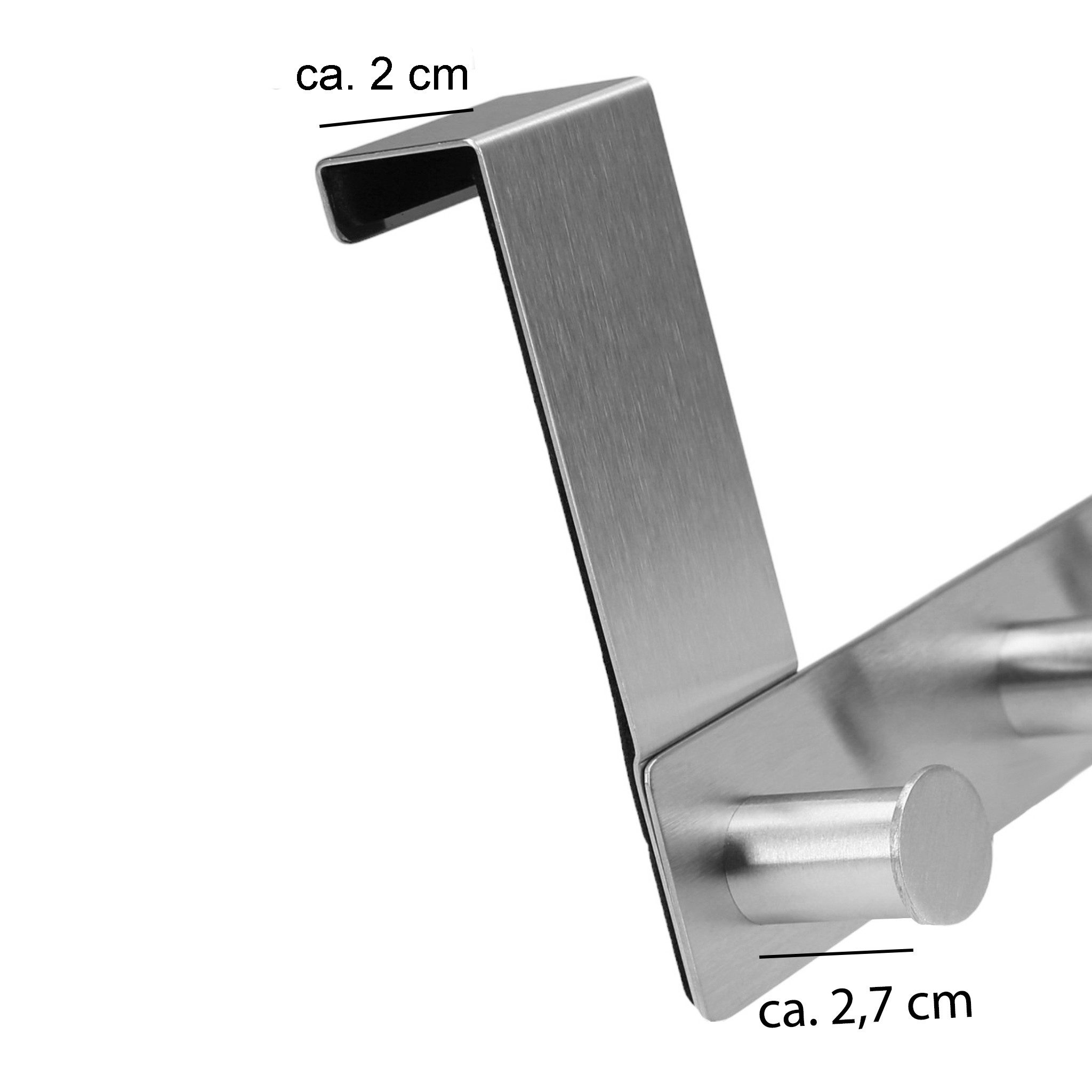 VonBueren Türgarderobe zum Einhängen Edelstahl 30 cm 5 Haken für Kleidung als Türhakenleiste, Passend für Türen mit oberem Falz bis 2 cm und etwa 2–3 mm Abstand zwischen Tür und Rahmen, Montage ohne Bohren