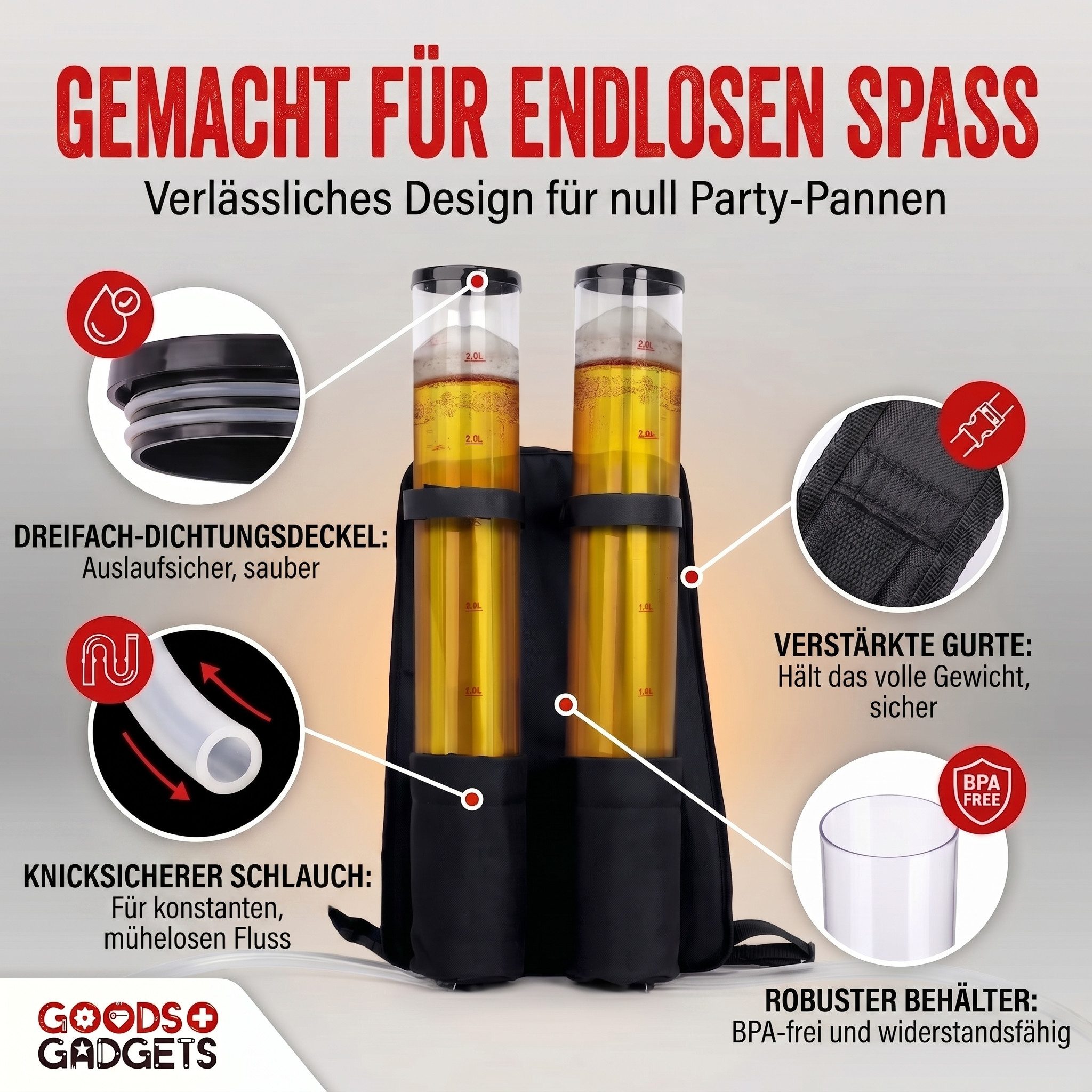 Goods+Gadgets Getränkespender GOODS+GADGETS 3L Bier Spender – Party Getränke Rucksack mit Zapfhahn, Getränkerucksack 1 x 3 Liter