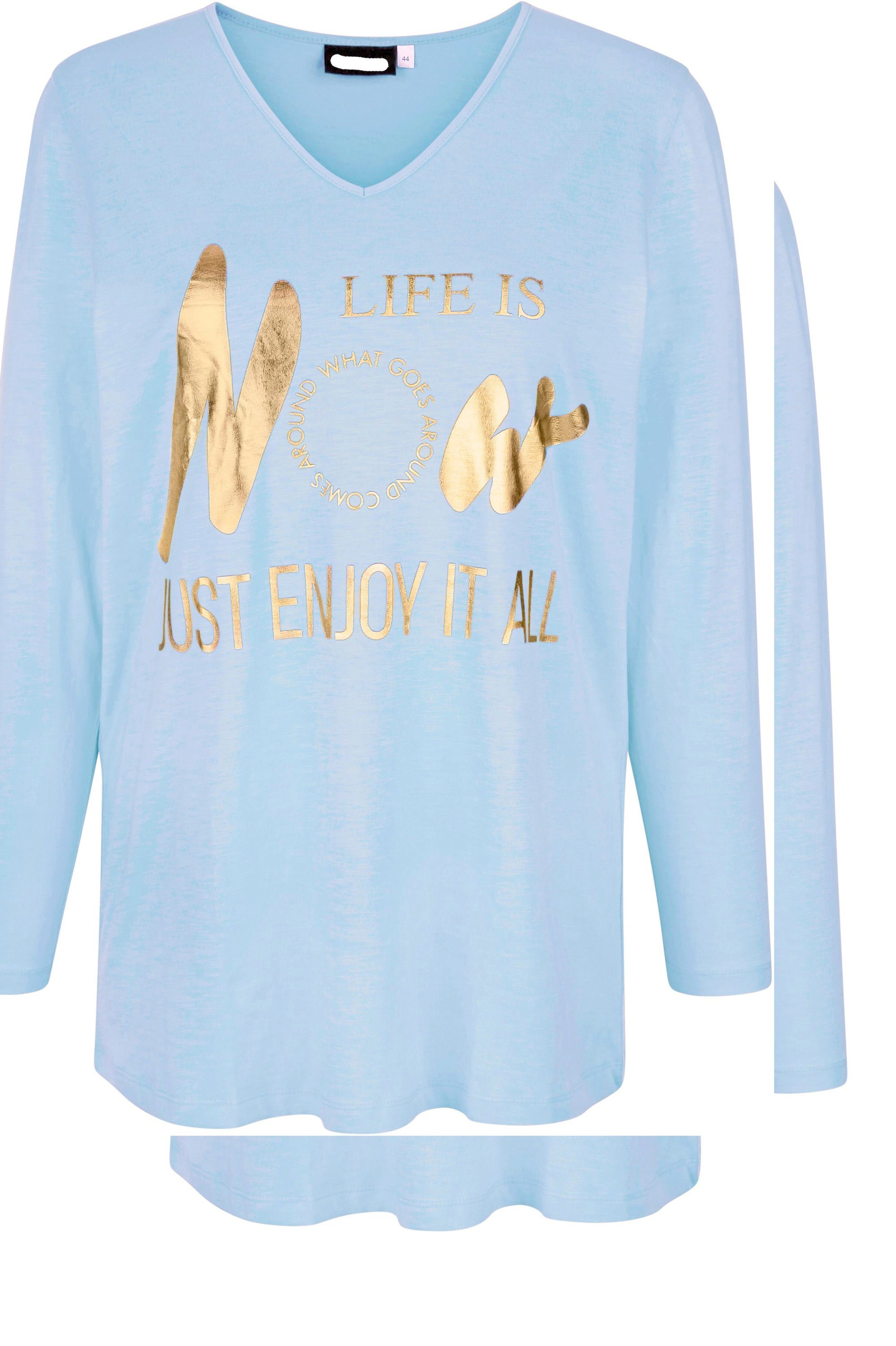MIAMODA Rundhalsshirt T Shirt Metallic Statement V Ausschnitt Langarm
