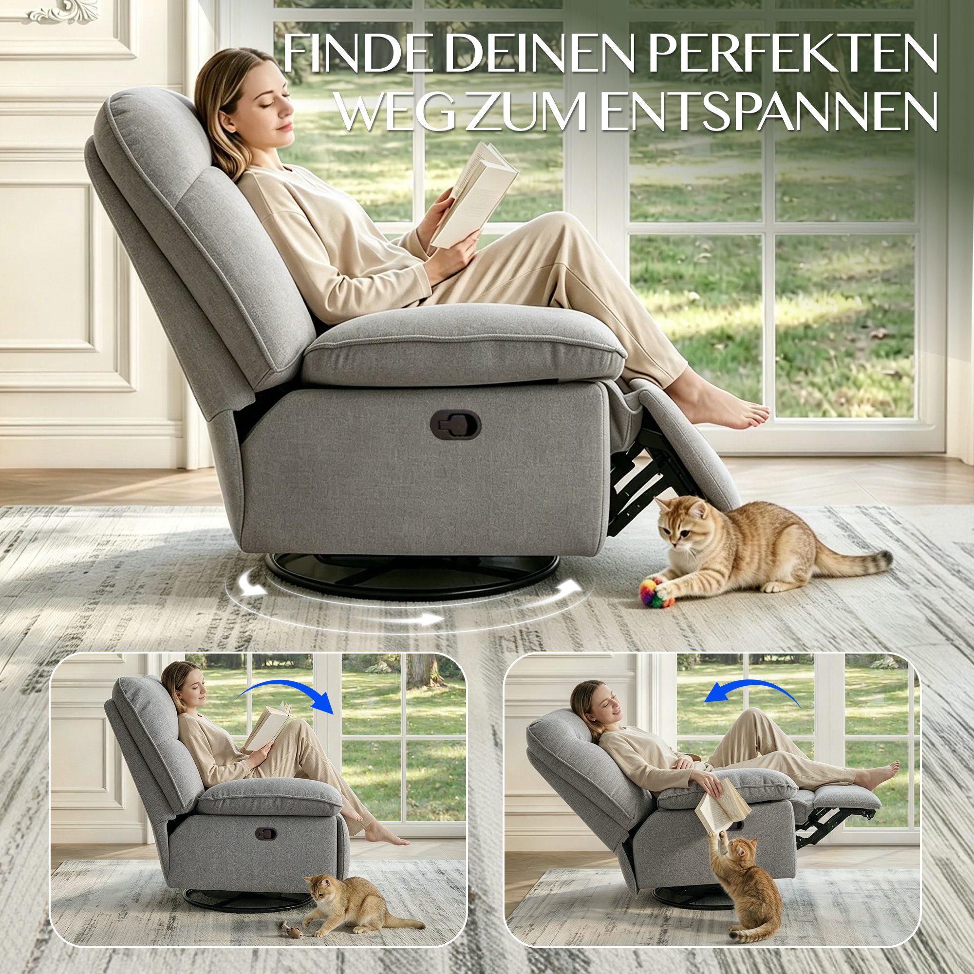 FLEXISPOT Sessel Schaukelsessel gemütlicher TV-Sessel, Relaxsessel (Versteckter Stauraum, 105° - 145° verstellbar, Drehsessel mit Rocking, Ruhesessel für Senioren & Stillenden), 159 KG belastbar, Inkl. Dicke Sofadecke (1,5 x 1,5 m)