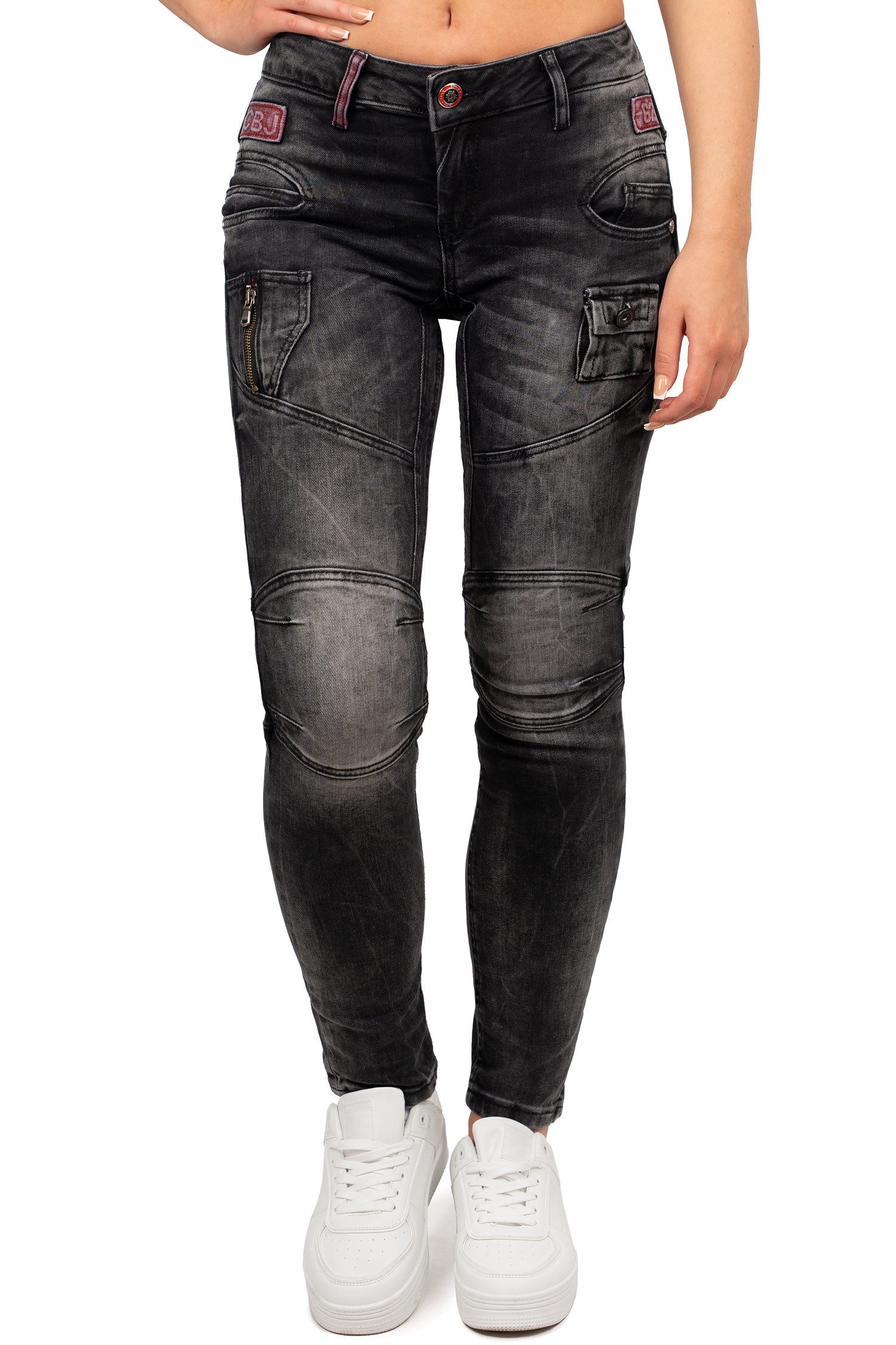 Cipo & Baxx Slim-fit-Jeans Damen Slim Fit Джинсы Stonewashed BA-WD358 mit modischen Ziernähten & Zier-Reißverschlüssen