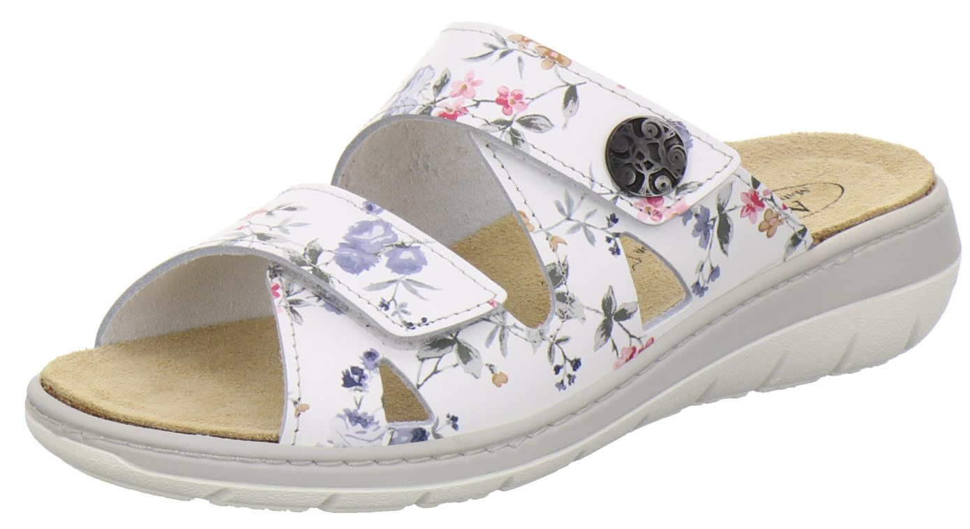 AFS-Schuhe 2808 Pantolette für Damen aus Leder mit Wechselfußbett, Made in Germany weiß-flower