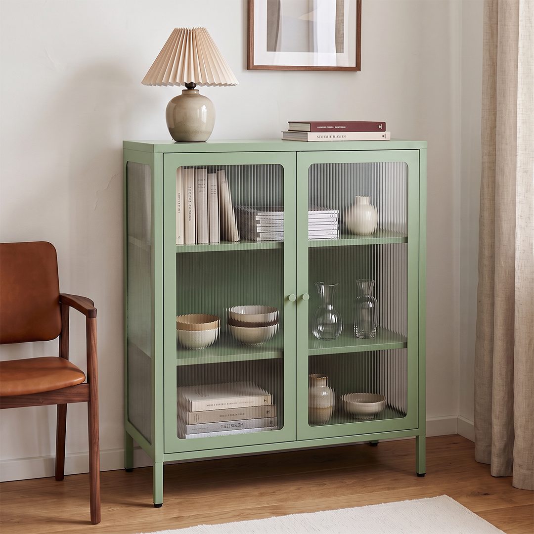 skølm Highboard Norns Vitrinenschrank mit Glastüren (mintgrün, bis 80 kg belastbar, kratzfest), Metallkommode mit verstellbaren Fächern, Sideboard 100x38x80 cm