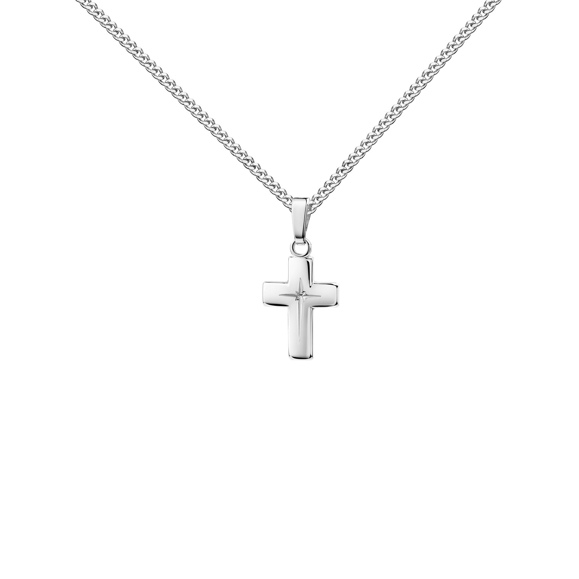 JEVELION Кулоны kleiner Kreuzanhänger 585 Weißgold mit Kreuzgravur - Taufkreuz (Weißgold Anhänger, für Damen und Kinder), Mit Kette Sterlingsilber- Длина wählbar 36 - 70 cm.