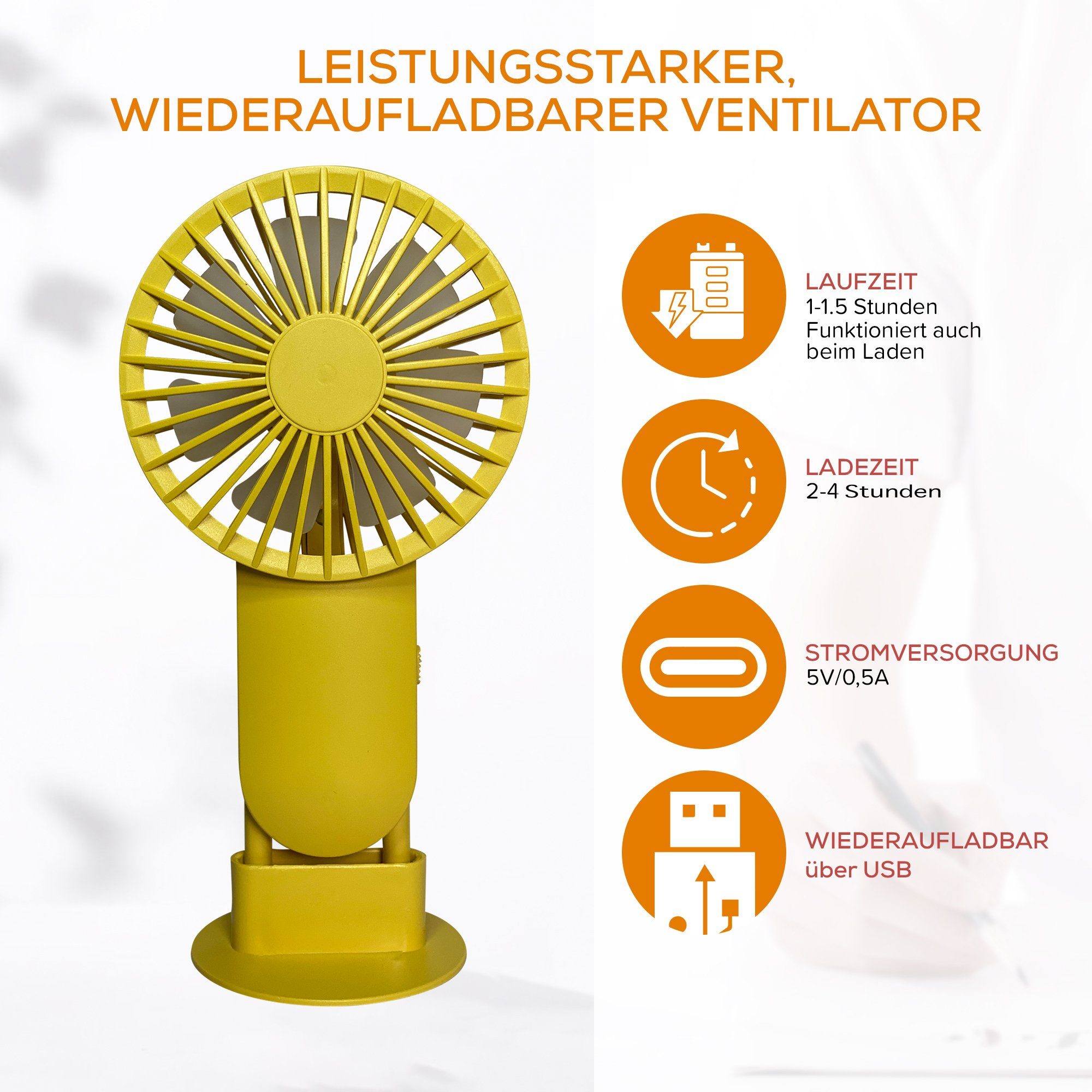 wärend möglich mit tragbarer Gelb Lüfter, USB des aufladbar Ladens betrieb Akku Ventilator Stufen, Hand 2 Standfuss, auch Mini Products MAQETARA USB-Ventilator