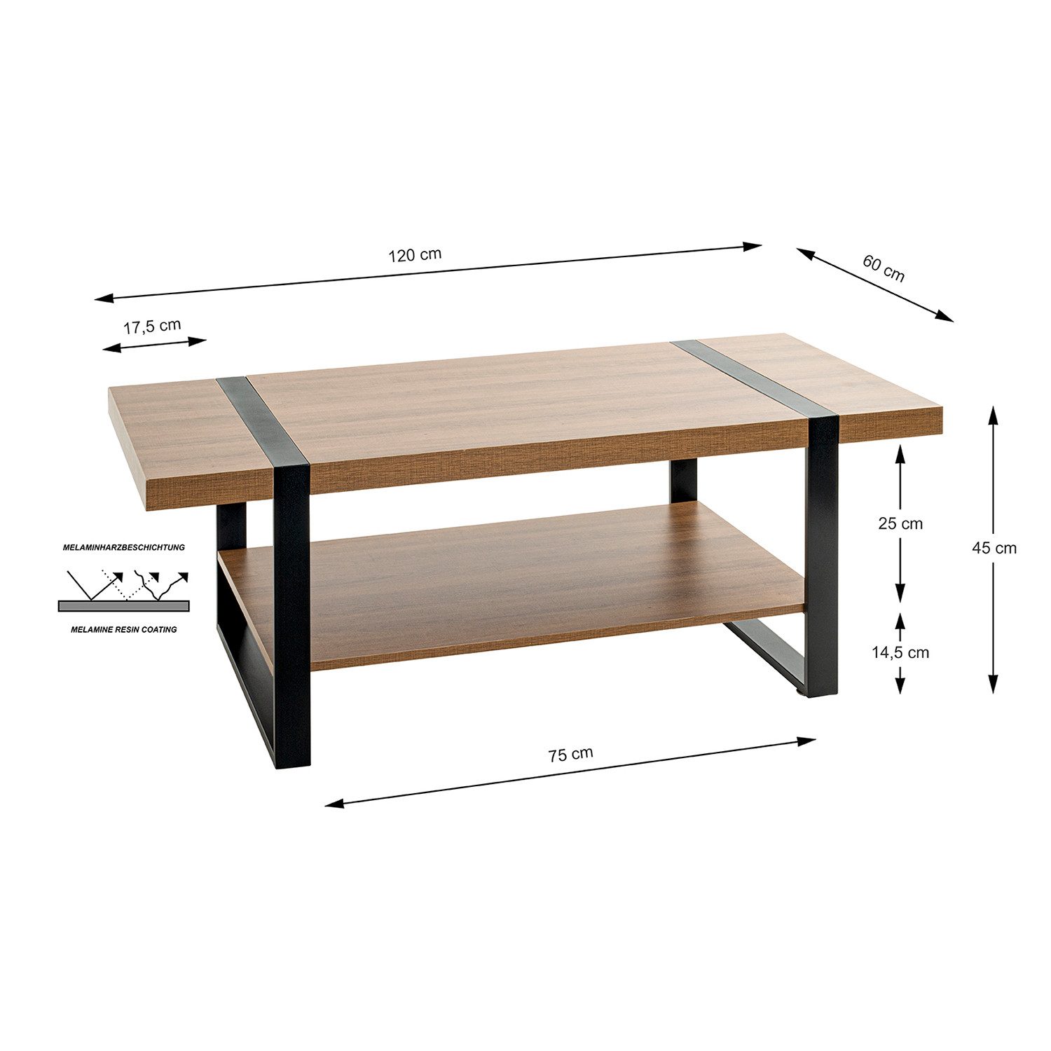 HAKU Couchtisch SARAGOSSA 1 Tisch - eiche-schwarz - Metall, Spanplatte - B. 120cm (1xCouchtisch, Loungetisch - Sitzbeistelltisch), Sofatisch - Wohnzimmertisch - Kaffeetisch - Beistelltisch