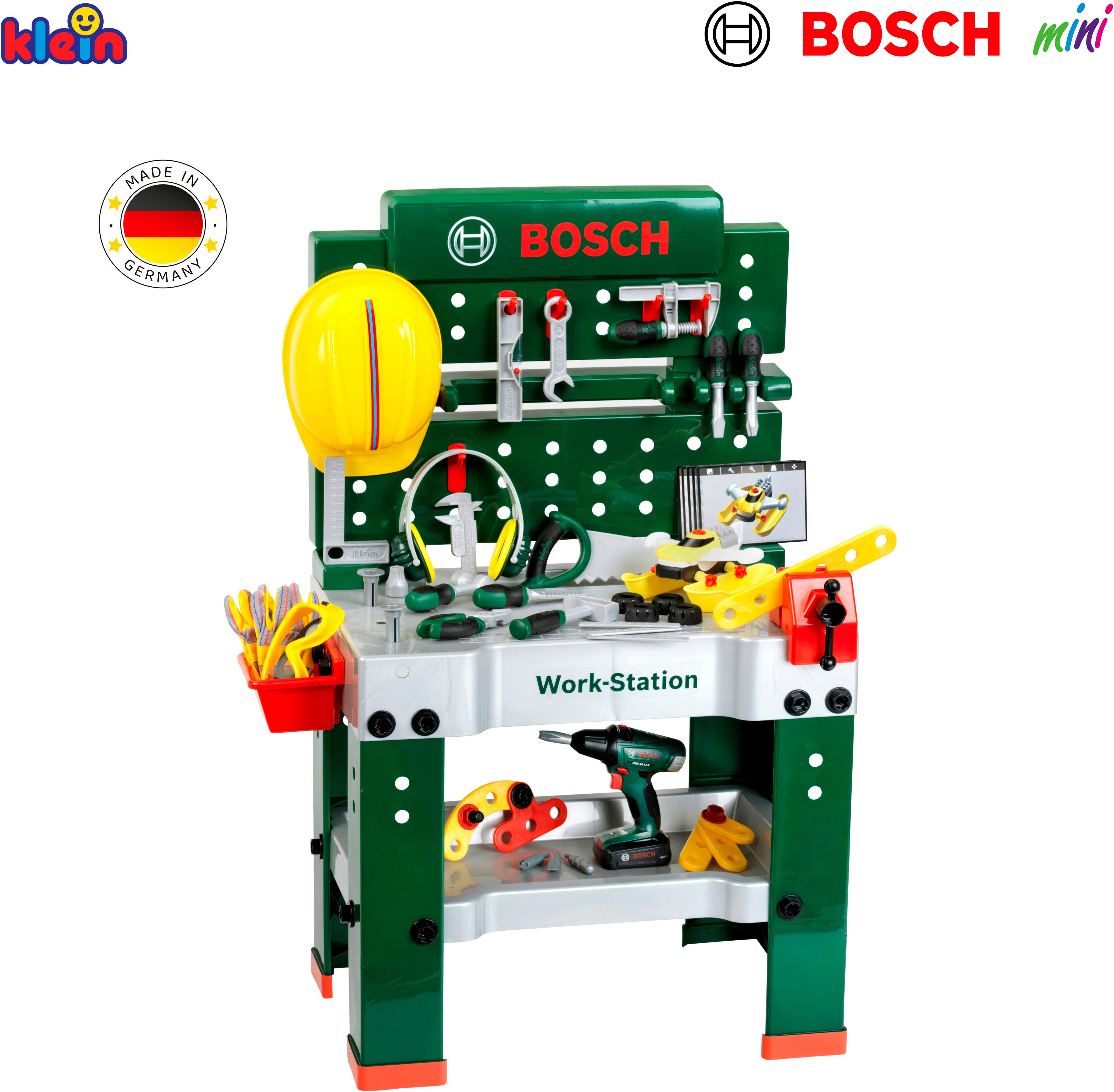 Klein Spielwerkbank BOSCH-Workstation Mega, mit Handwerker Set, mit BOSCH Akkuschrauber; Made in Germany