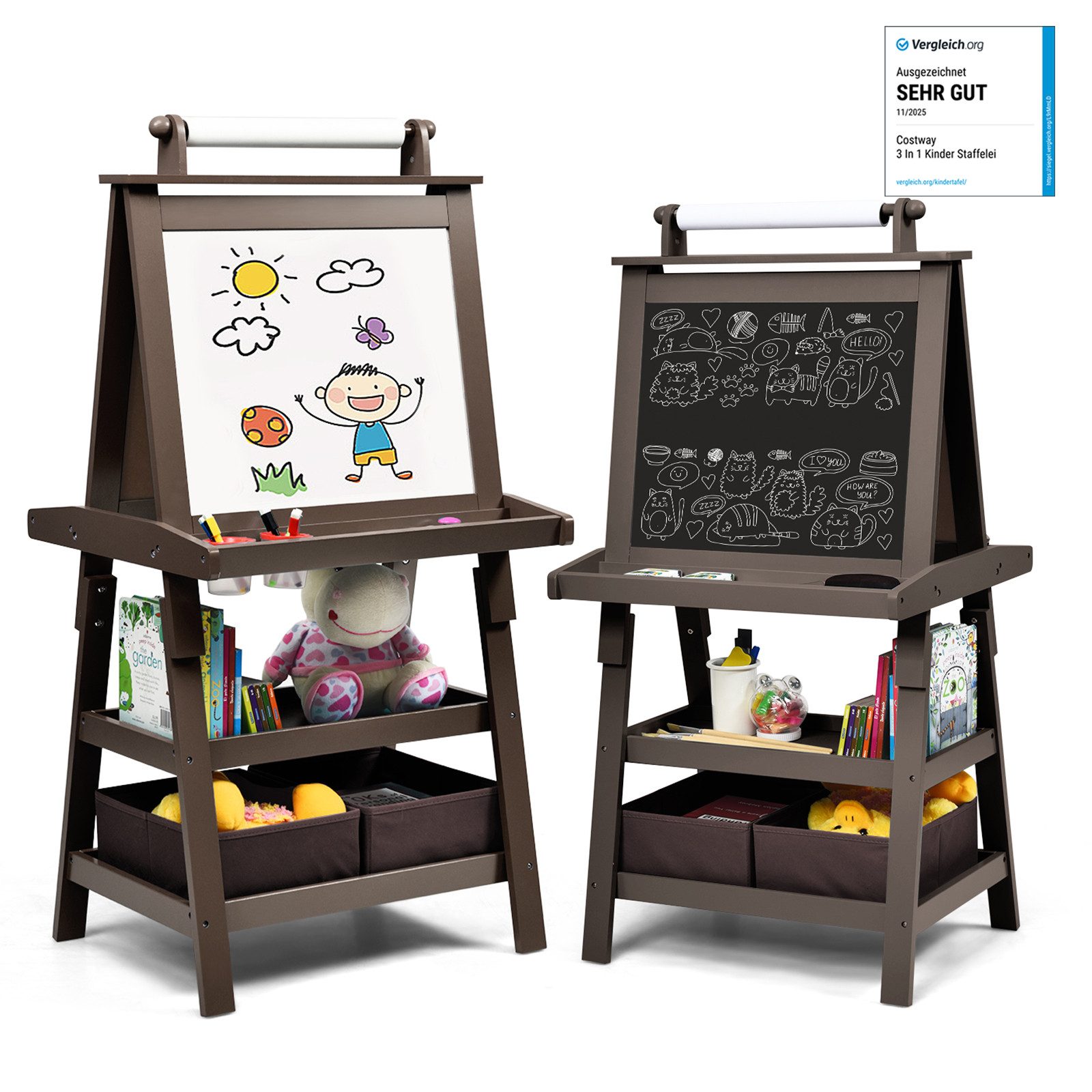 COSTWAY Standtafel Kinder Staffelei, doppelseitig, mit Magneten & 2 Boxen