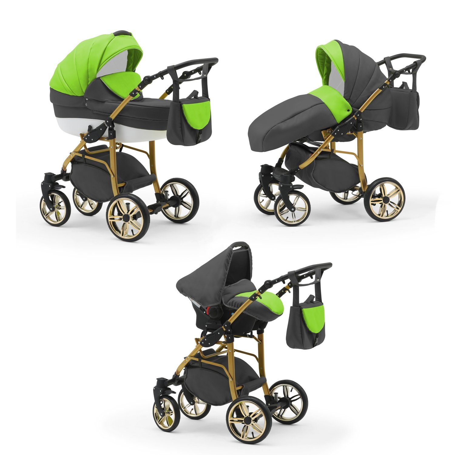 babies-on-wheels Kombi-Kinderwagen 3 in 1 Kinderwagen-Set Cosmo ECO Gold - 16 Teile - in 46 Farben Grün-Grau-Weiß