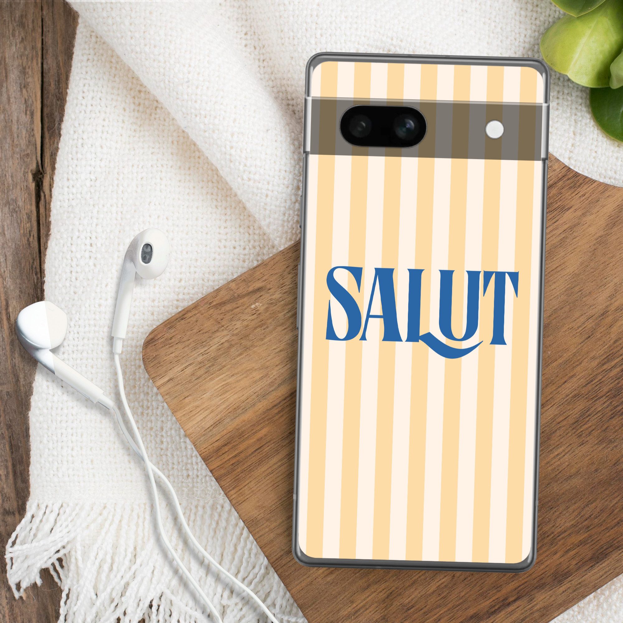 MuchoWow Handyhülle für Google Pixel 7a Salut - Zitat - Streifen - Gelb - Blau - Weiß, Handy Case, Silikon, Bumper Case Dünn