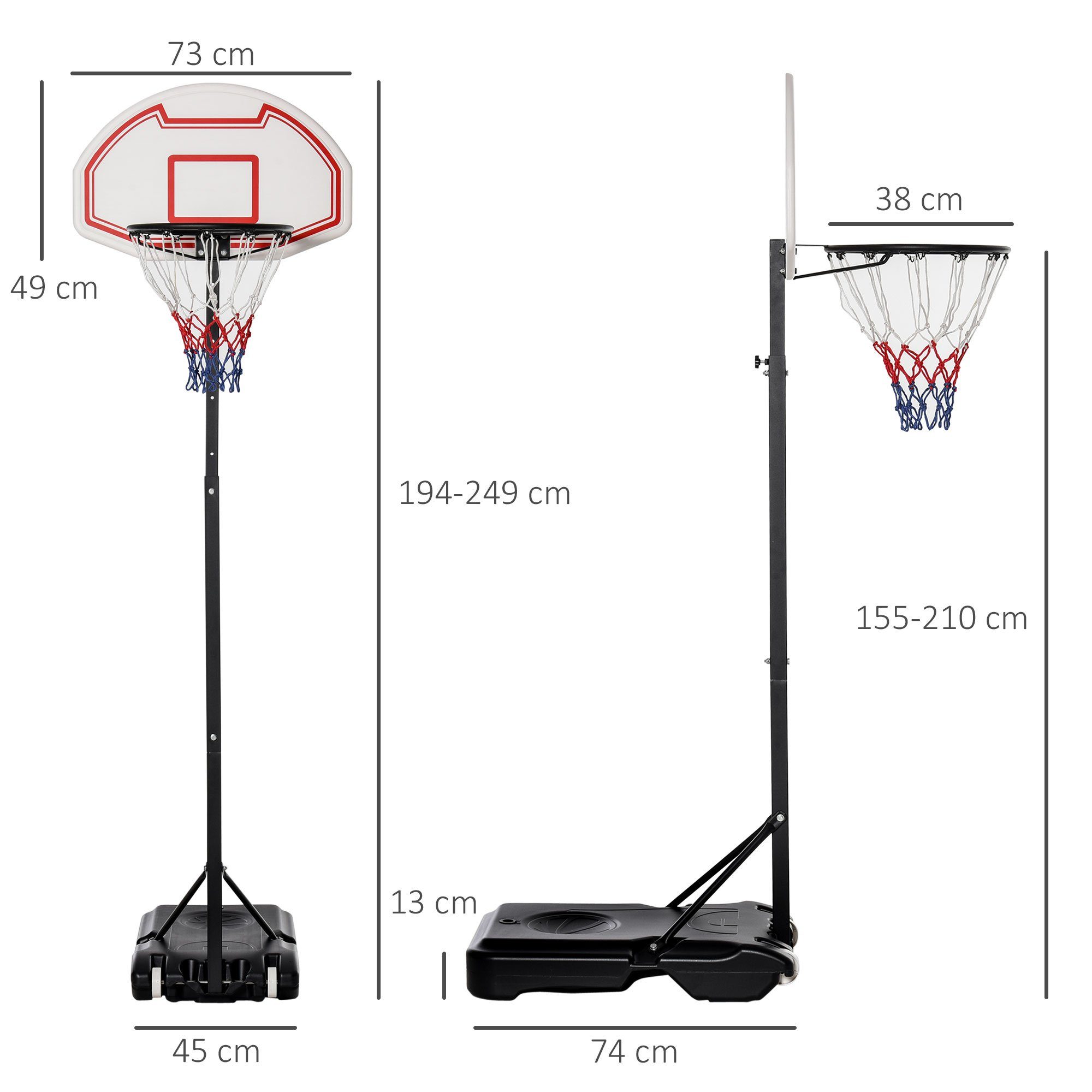 HOMCOM Basketballständer + 1-St., Rollen Stahl PE Standfuß Wasser höhenverstellbar mit (Set, Schwarz Basketballkorb Zielbretthöhe befüllbar 194-249 cm), mit