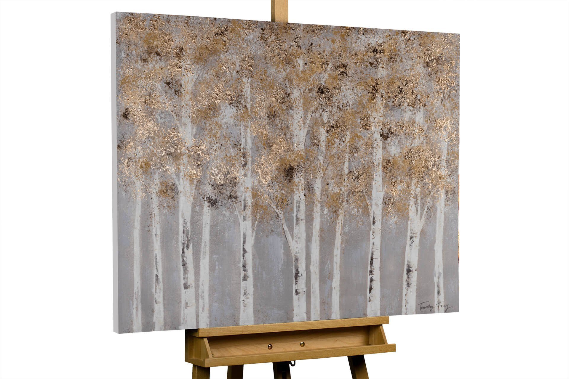 KUNSTLOFT Gemälde Gold of Birches 100x75 cm, Leinwandbild 100% HANDGEMALT Wandbild Wohnzimmer