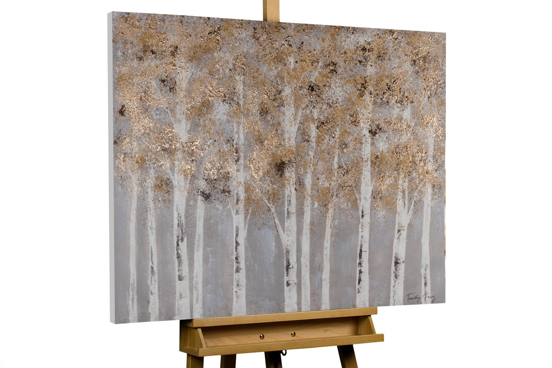 KUNSTLOFT Gemälde Gold Leinwandbild cm, Wohnzimmer of HANDGEMALT 100x75 100% Wandbild Birches