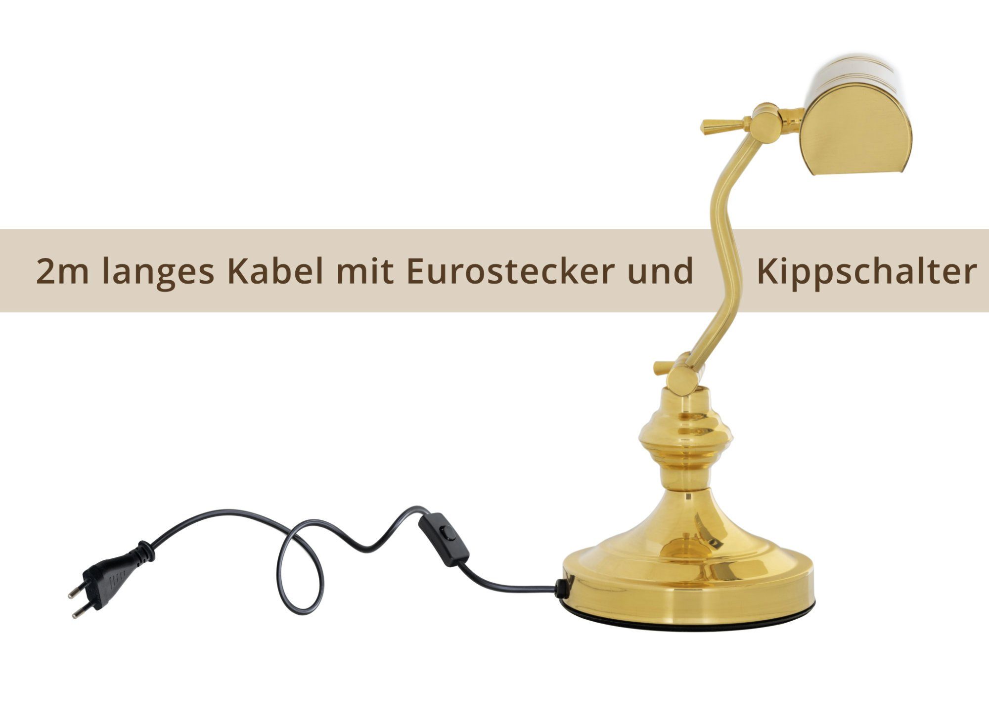 Classic Cantabile Tischleuchte L3-A Messing Klavierleuchte, ohne Leuchtmittel, robuste Pianoleuchte