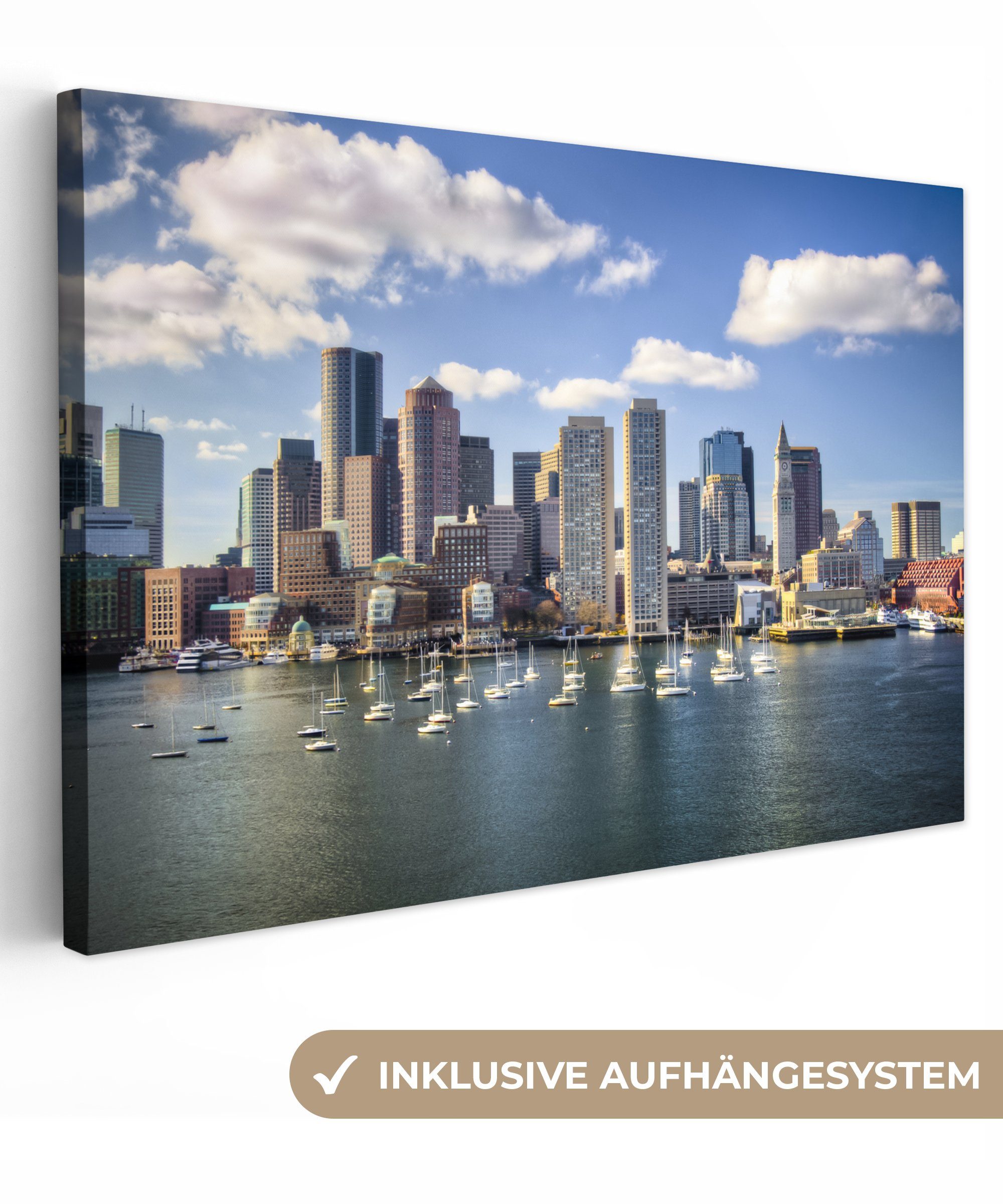 OneMillionCanvasses® Leinwandbild Skyline - Boston - Hafen, (1 St), Wandbild Leinwandbilder, Aufhängefertig, Wanddeko, 30x20 cm