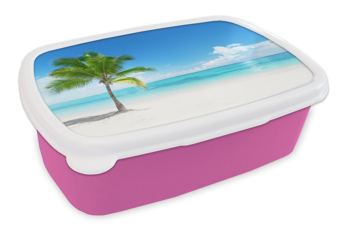 MuchoWow Lunchbox Palme - Strand - Meer - Sommer, Kunststoff, (2-tlg), Brotbox für Erwachsene, Brotdose Kinder, Snackbox, Mädchen, Kunststoff rosa | Lunchboxen