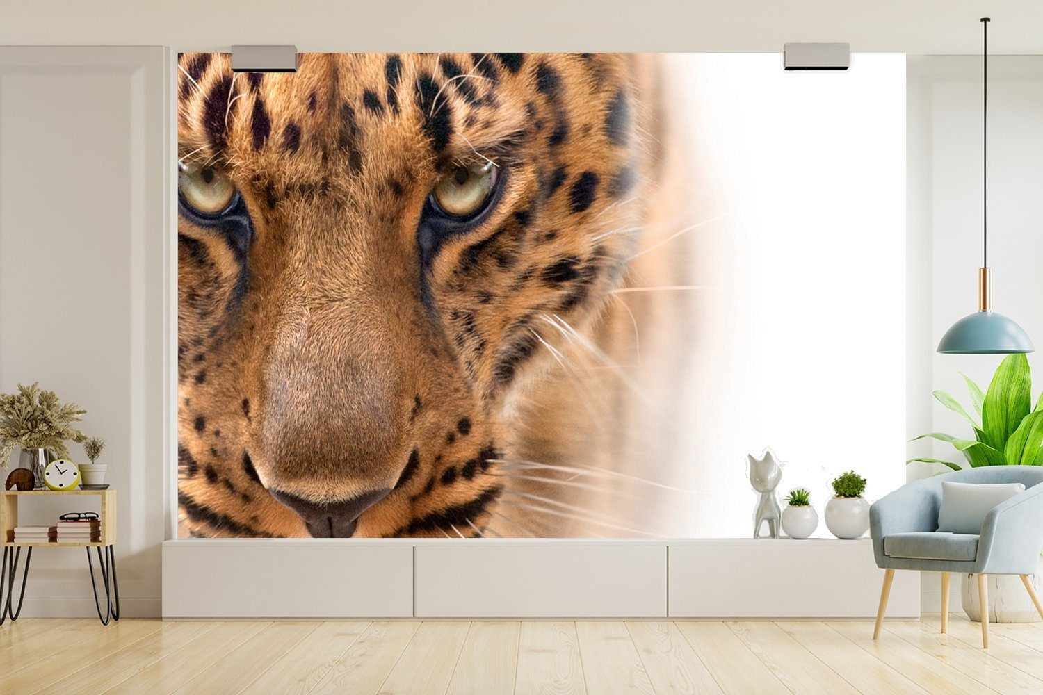 MuchoWow Fototapete Leopard - bedruckt, Pelz Kinderzimmer, Wohnzimmer, Schlafzimmer, Vinyl für - Tapete Matt, St), Weiß, (6 Wallpaper
