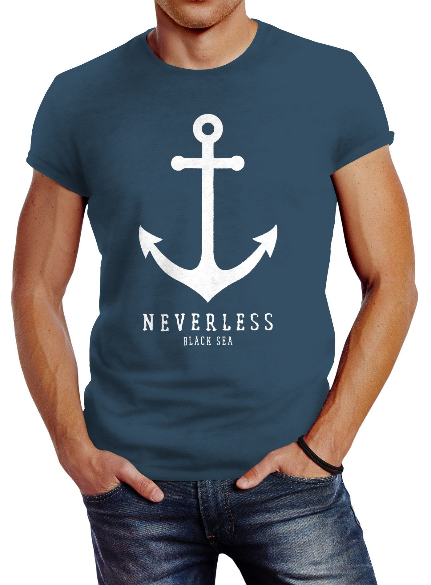 Neverless Print-Shirt Herren T-Shirt Anker Nautical Sailor Segeln Slim Fit Neverless® mit Print blau