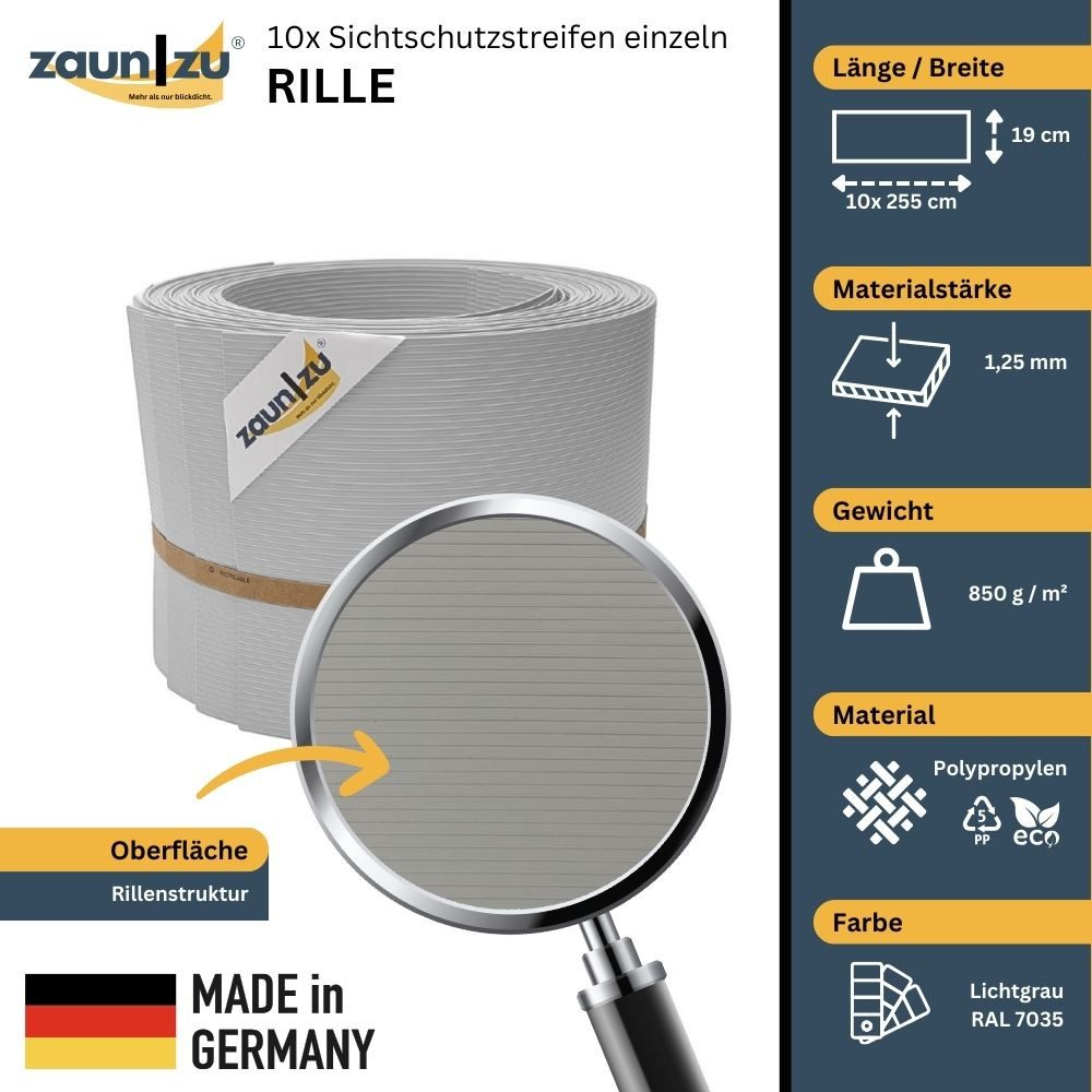 Thumbnail - zaunzu Sichtschutzstreifen Rille 10x Einzelstreifen 2,55m Sichtschutz Lichtgrau, 10 x 2,55m, (10 Einzelstreifen, UV-best...