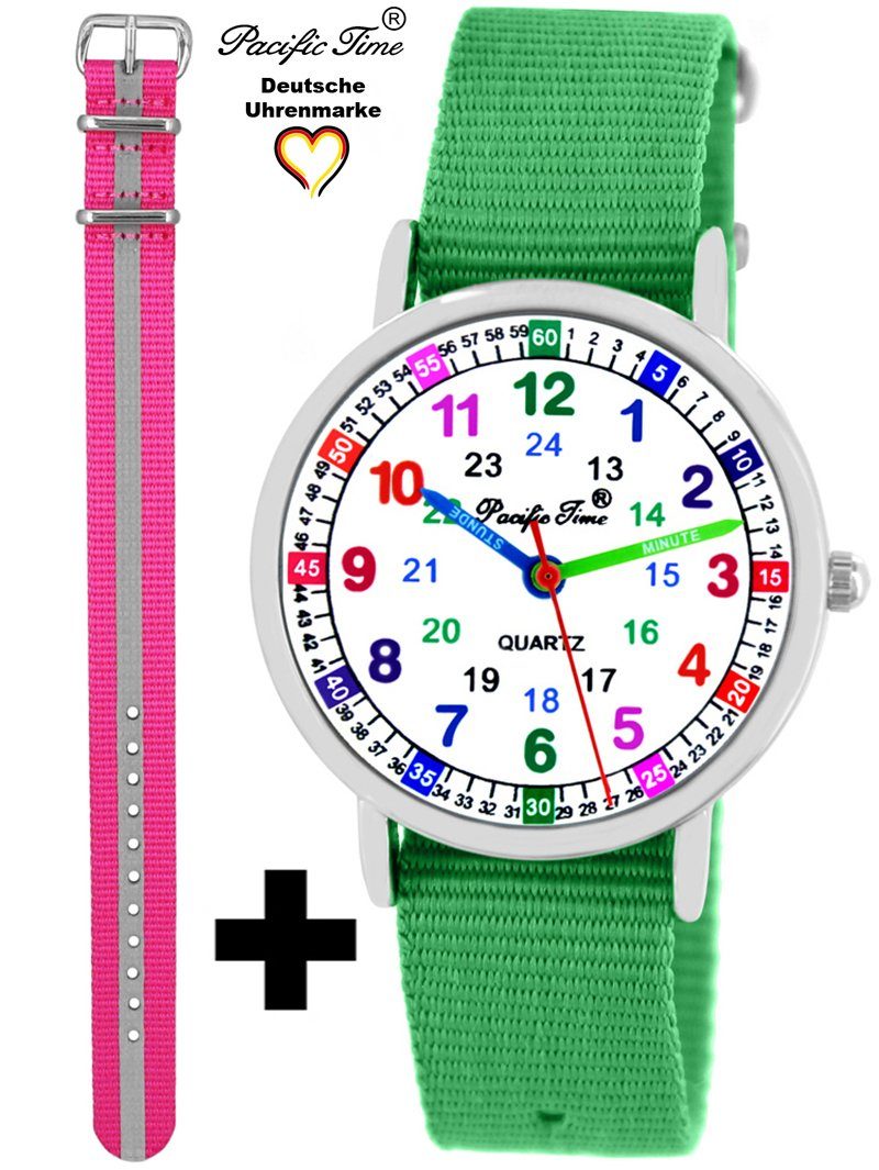 Pacific Time Quarzuhr Set Kinder Armbanduhr Lernuhr Wechselarmband, Mix und Match Design - Gratis Versand grün und Reflektor pink