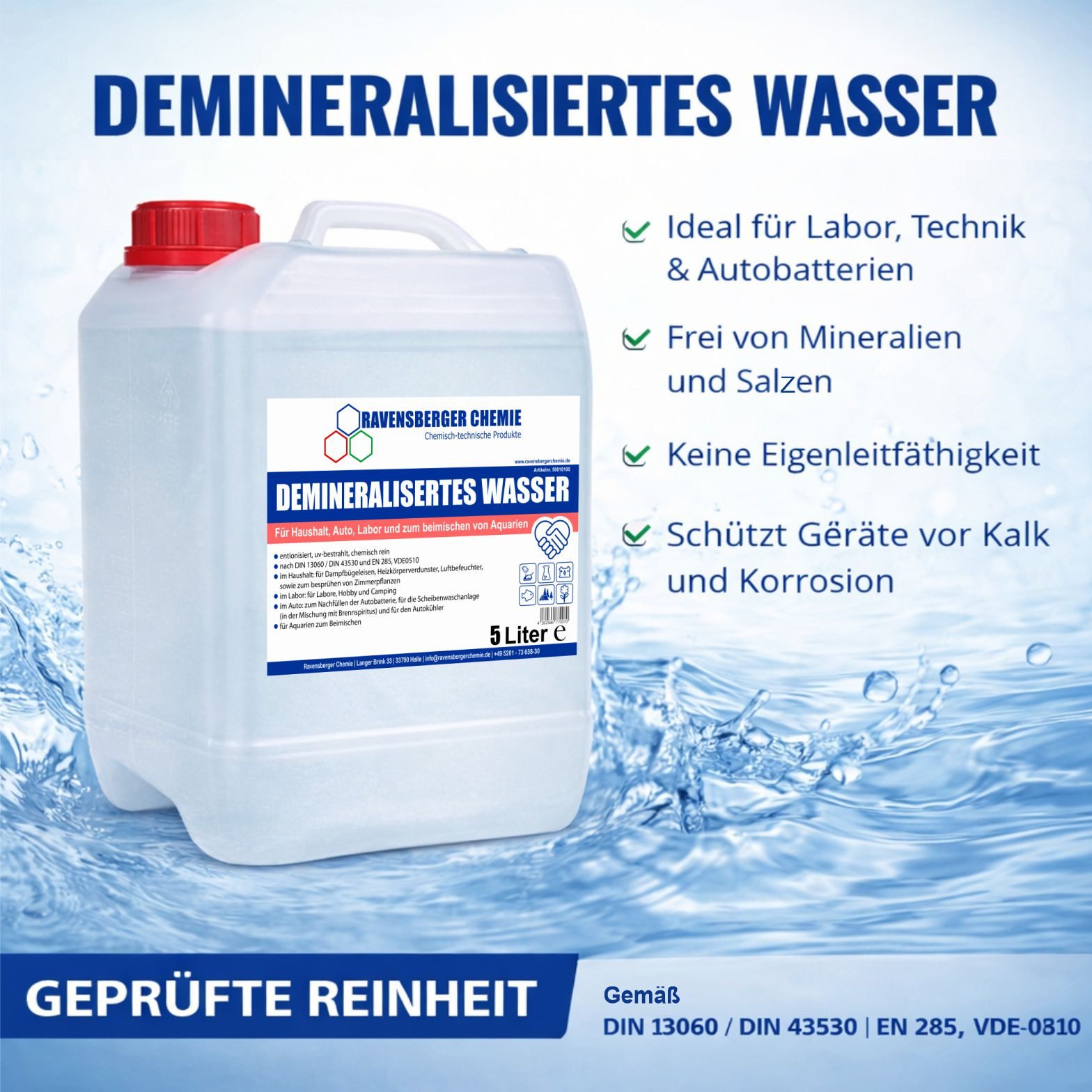 Ravensberger Chemie Bügelwasser VE-Wasser Demineralisiertes Wasser - 5 L, 5 Liter Kanister von Ravensberger Chemie -, kalkfrei für Auto, Batterie, Haushalt, Dampfbügeleisen und Labor