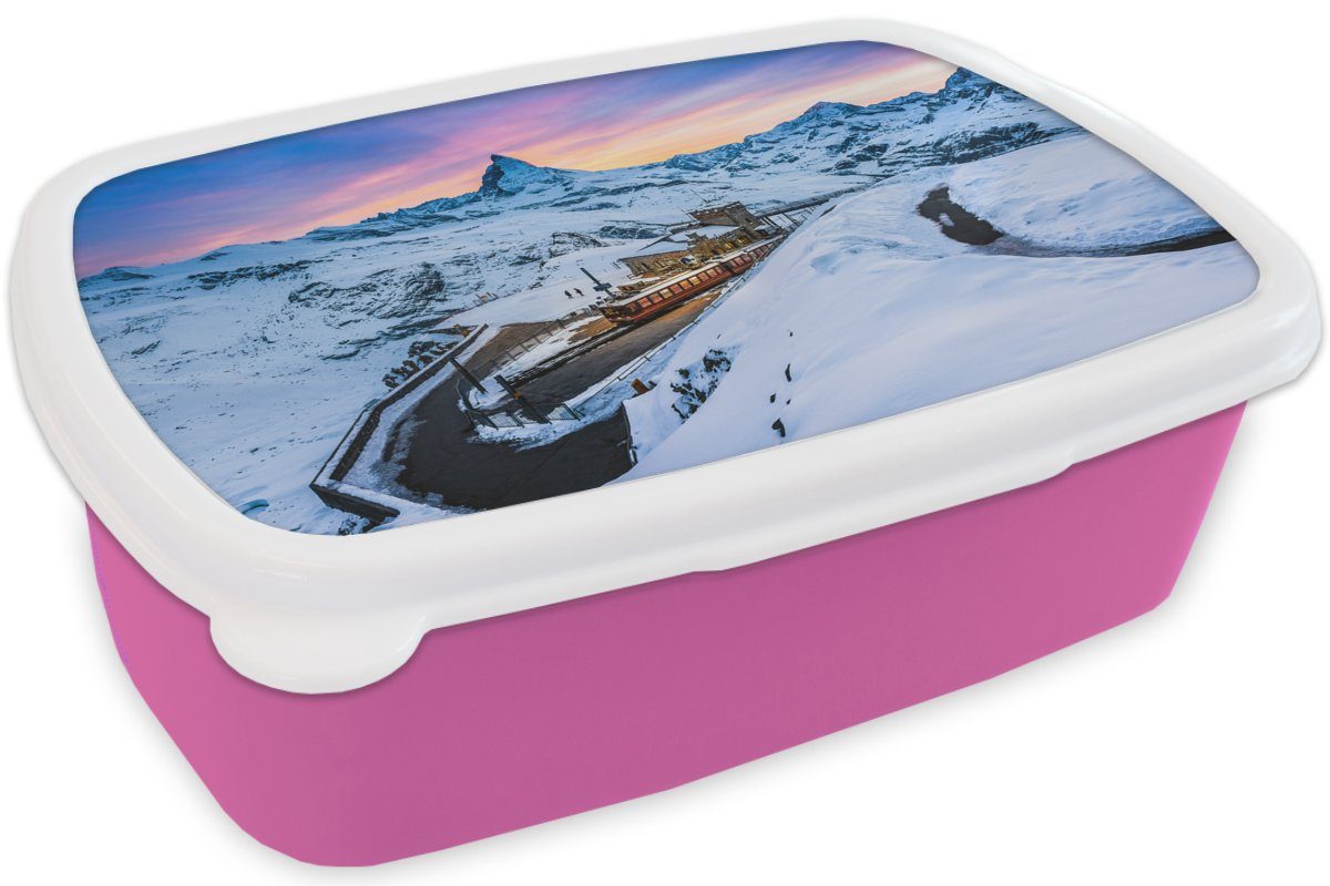 Schweizer Brotbox Dämmerung Erwachsene, am Kunststoff Mädchen, Matterhorn für Kunststoff, der Kinder, Gornergratbahn, Lunchbox Brotdose (2-tlg), rosa Snackbox, bei MuchoWow
