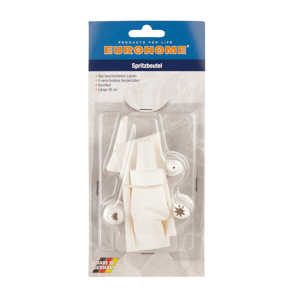 EUROHOME Spritzbeutel Backzubehör 28 cm aus Leinen weiß (1-tlg., Dressierbeutel mit 5 Verziertüllen) Spritztüllen Set - Spritzbeutel wiederverwendbar