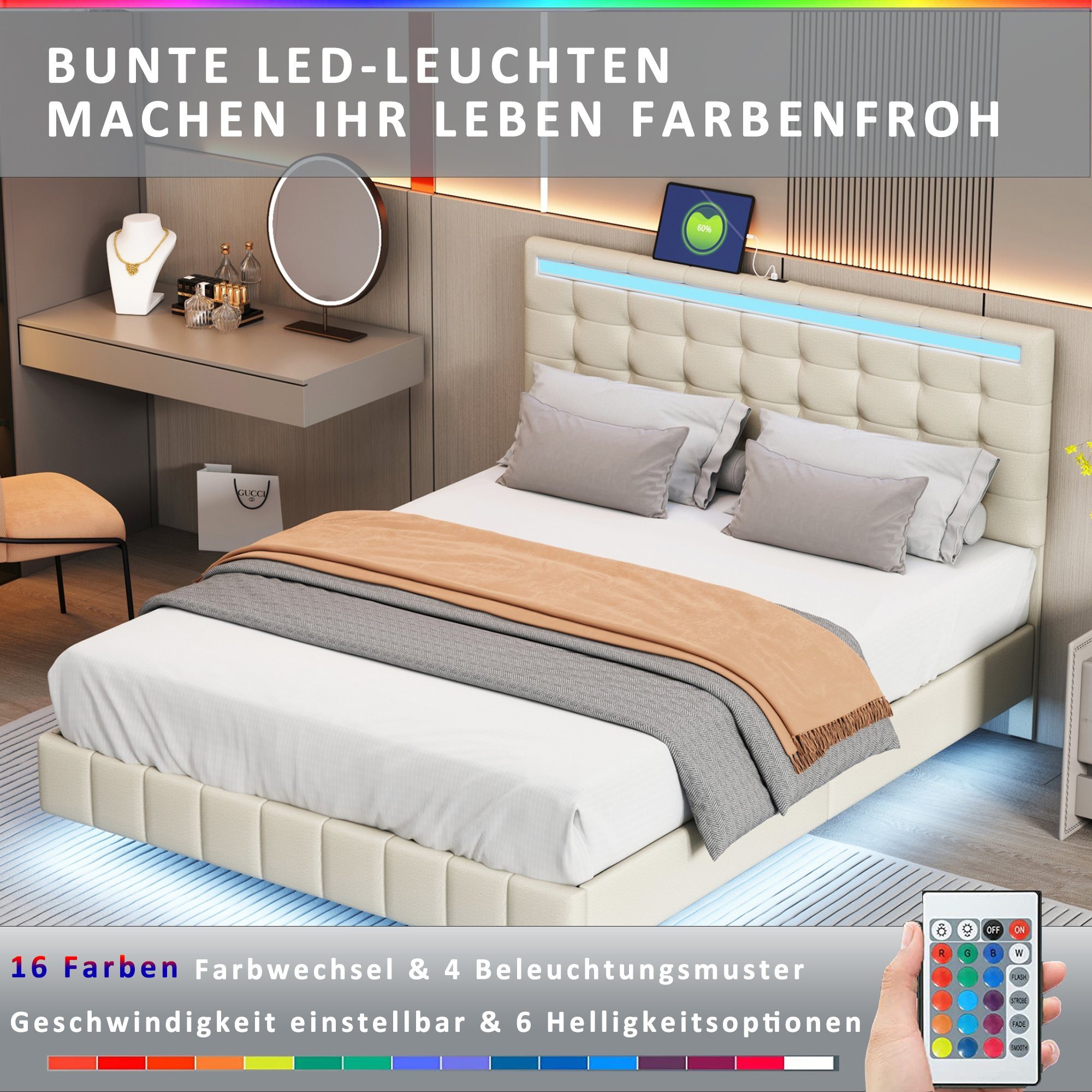 Polsterbett (LED Doppelbett), mit USB Ladefunktion und höhenverstellbarem Kopfteil 140x200cm, Leinen