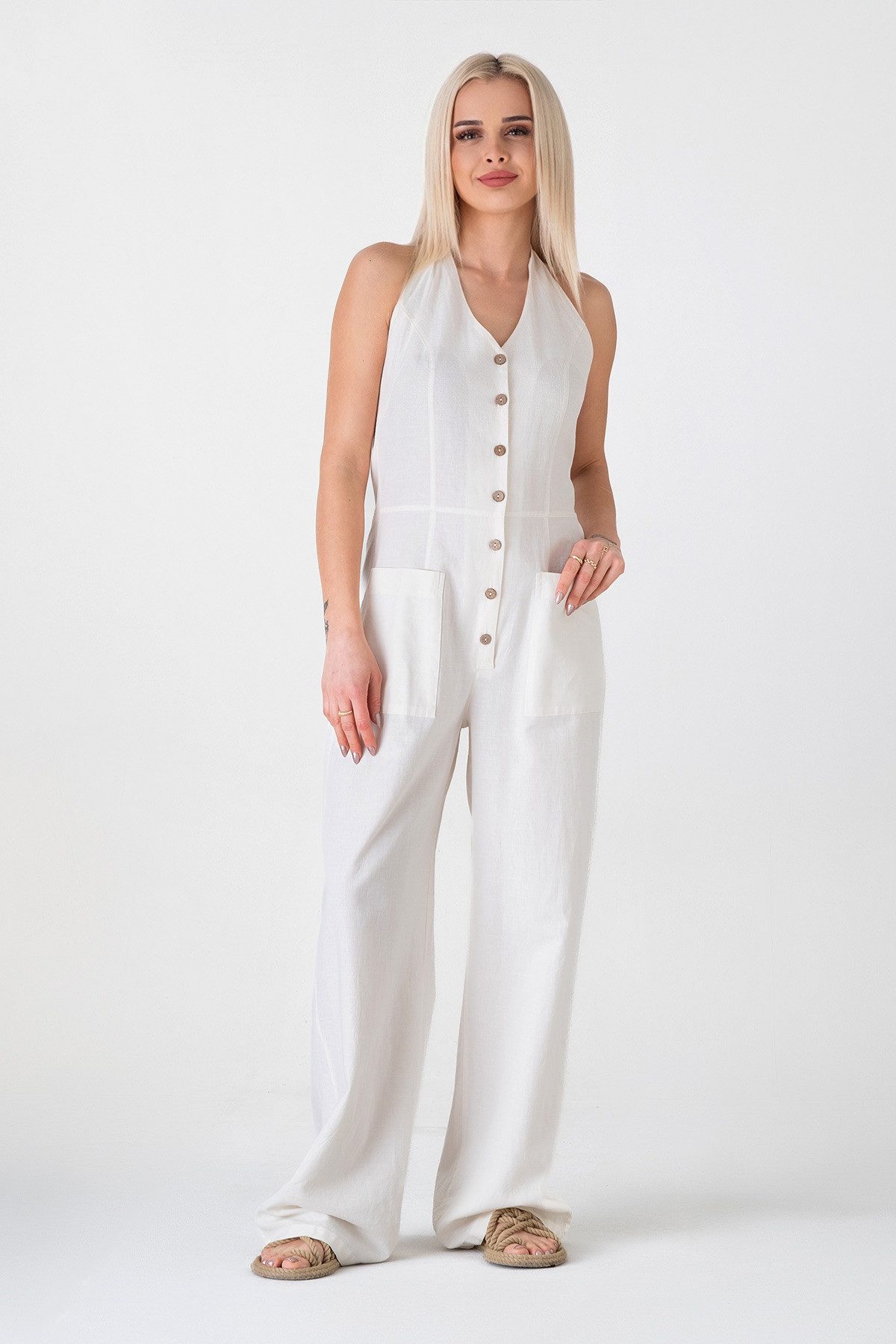WENOR Overall Damen Jumpsuit Leinen-Viskose mit Knöpfen & Nackenbindung Nat günstig online kaufen
