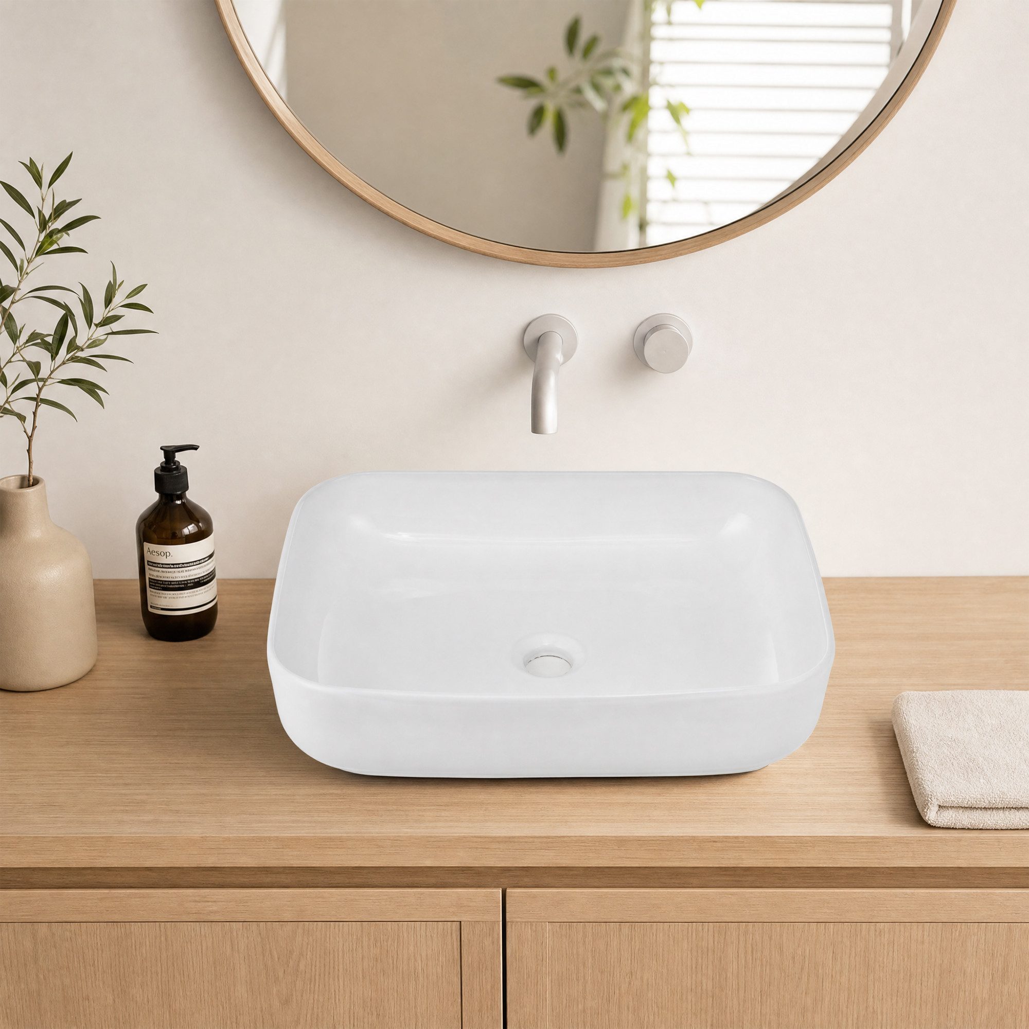 GarveeMore Aufsatzwaschbecken aus Keramik, dünner Rand, europäisches Design, für Badezimmer, 50x40x14 cm, rechteckig, Weiß
