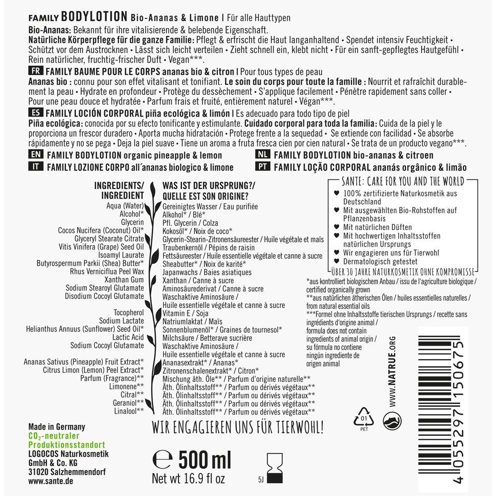 SANTE Bodylotion FAMILY Bio-Ananas Limone, 500 ml