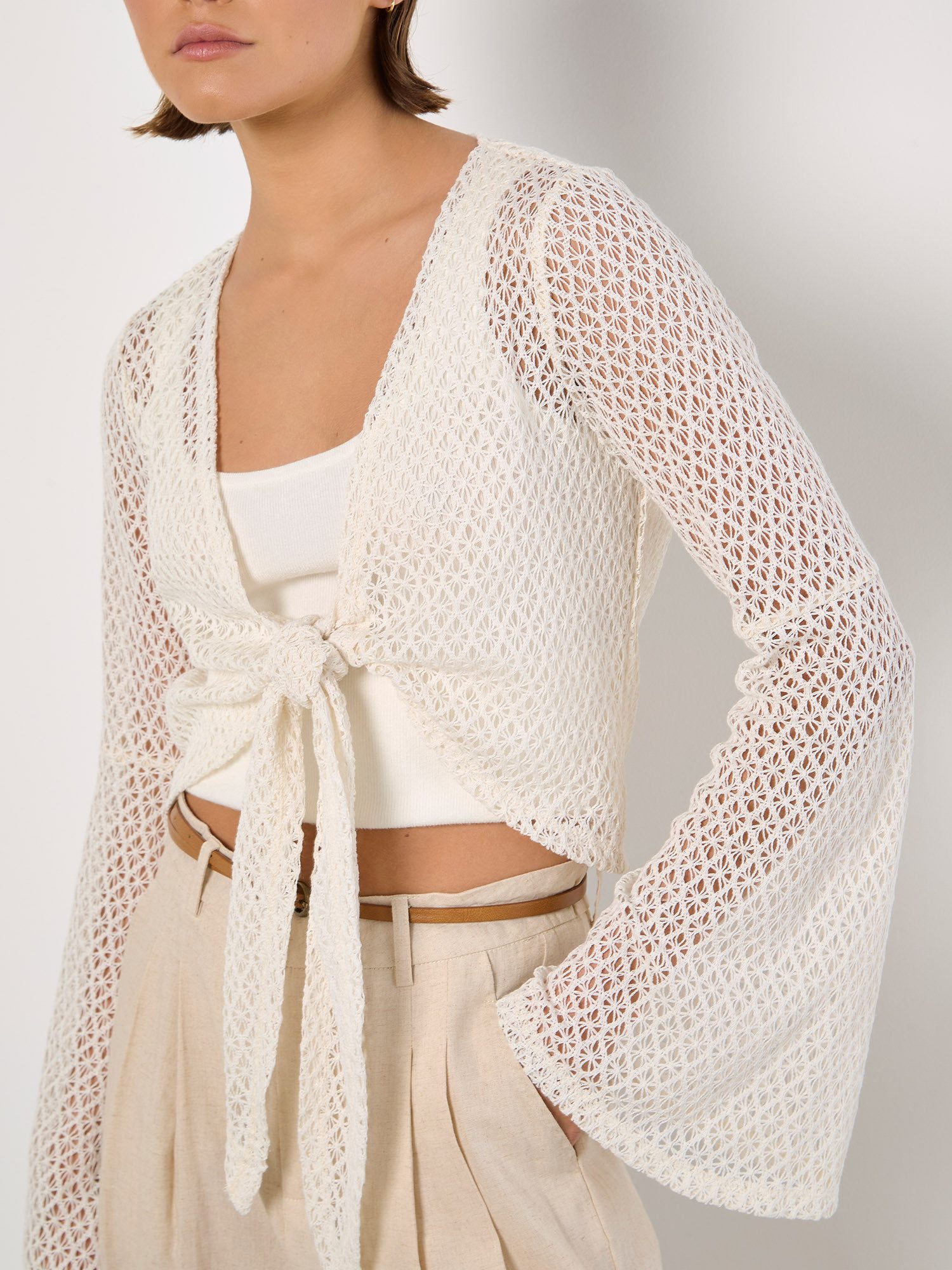 Apricot Cardigan Gehäkelte Diamant-Krawatten-Strickjacke zum Knoten