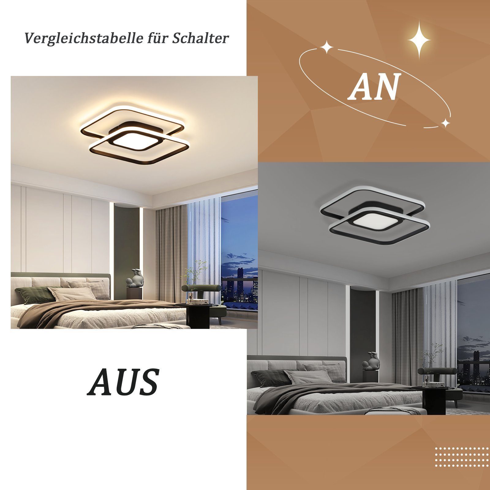 Metall Schwarz LED Dimmbar 48W Modern Esszimmer, fest Schlafzimmerlampe Kinderzimmer für - Deckenleuchte LED ZMH Wohnzimmer Küche 3000-6500k, Fernbedienung, integriert, mit