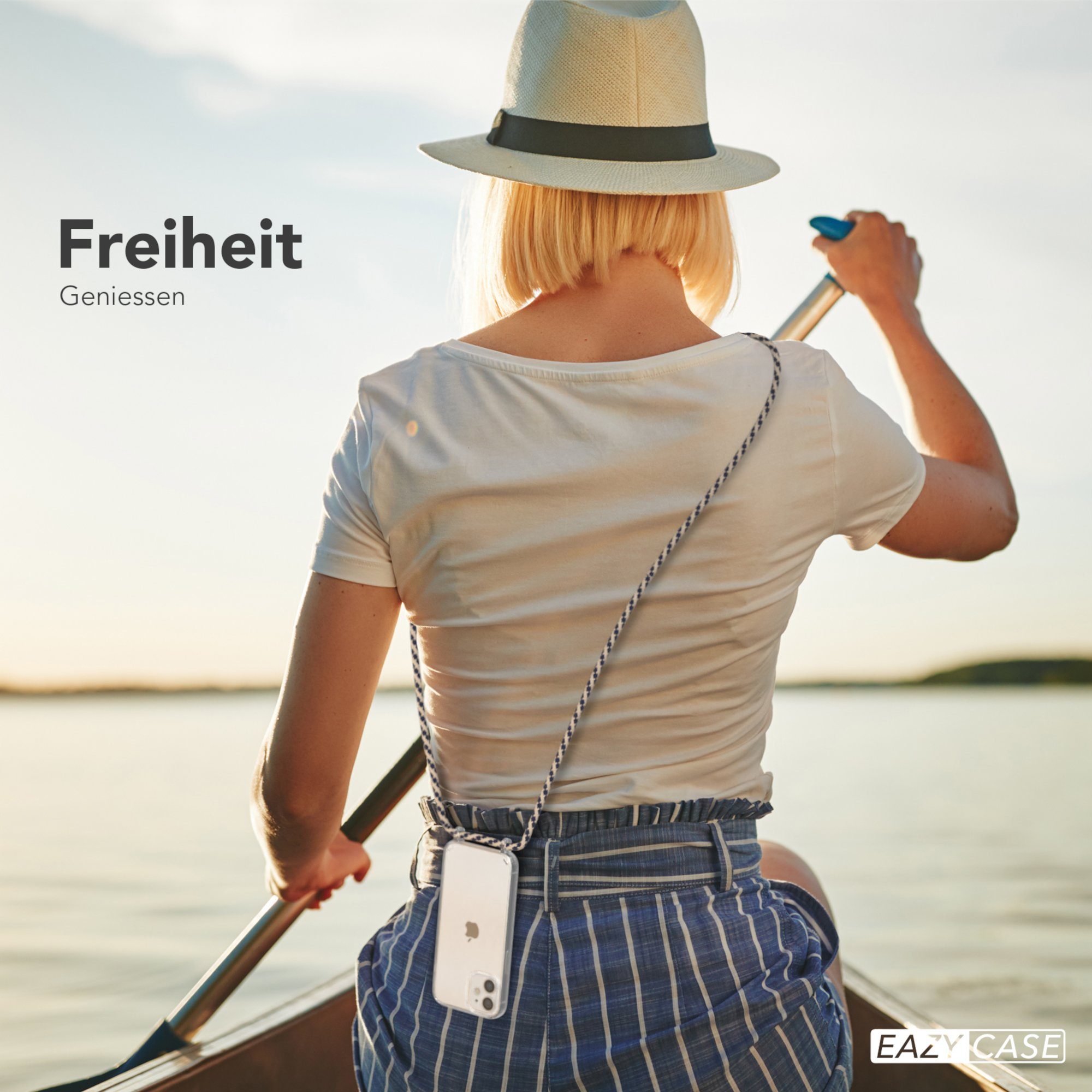 EAZY CASE Handykette Hülle mit Kette für Apple iPhone 12 Mini 5,4 Zoll, Slimcover Handykette Hülle mit Schnur Handykordel Taupe Camouflage