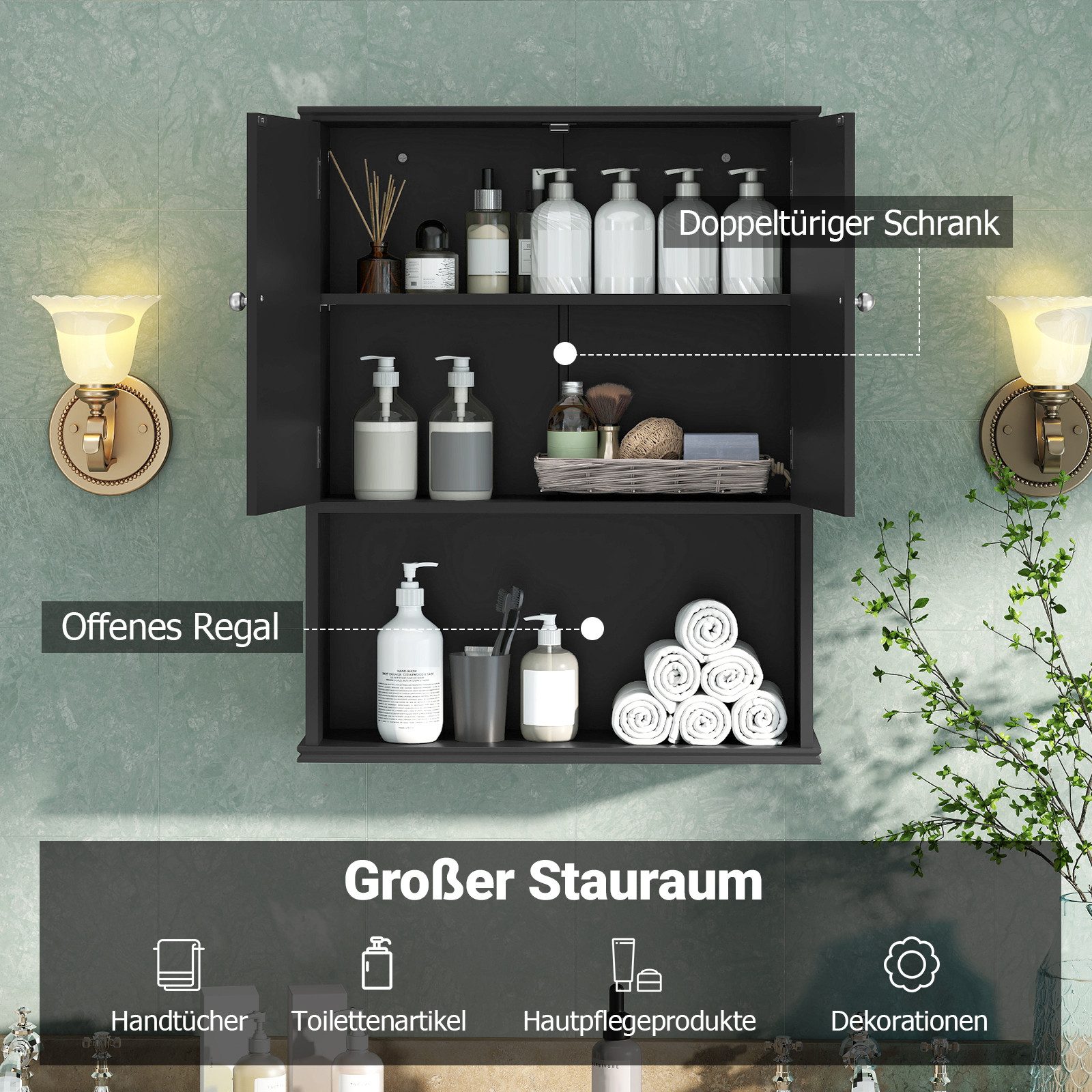 COSTWAY Hängeschrank Badezimmerschrank mit verstellbarem Regal 60x21x75cm – Bild 3 von 5