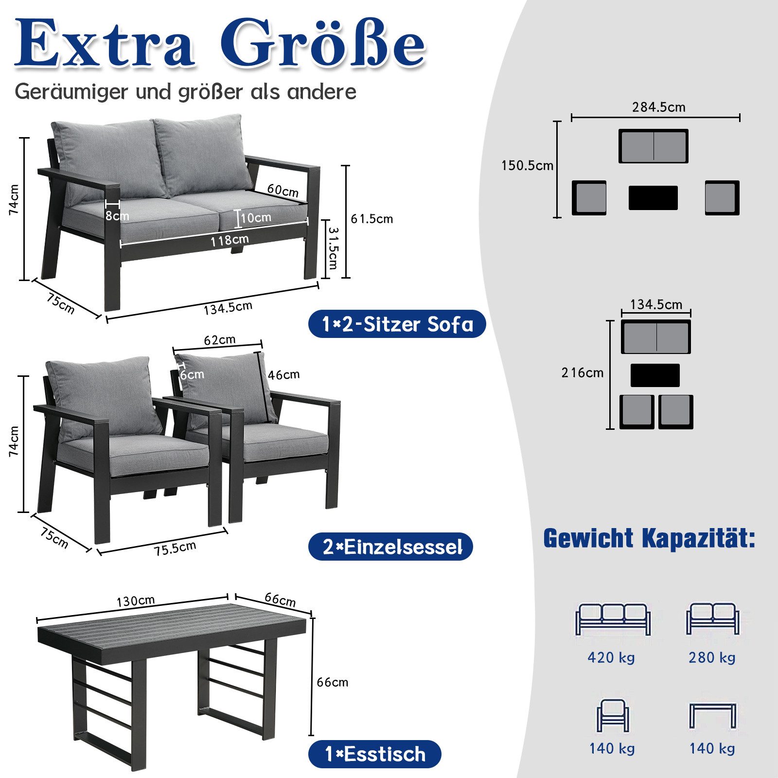 MeXo Gartenlounge-Set Gartenmöbel Set Aluminium 4 Personen Bequeme Lehne, (Garten Essgruppe, 76 cm Extra breite Sitze mit Ergonomische Rückenlehnen, 4-tlg., Esstisch 130x66x66cm), Wetterfest Balkonmöbel set, Dining Lounge, Tischplatte aus WPC