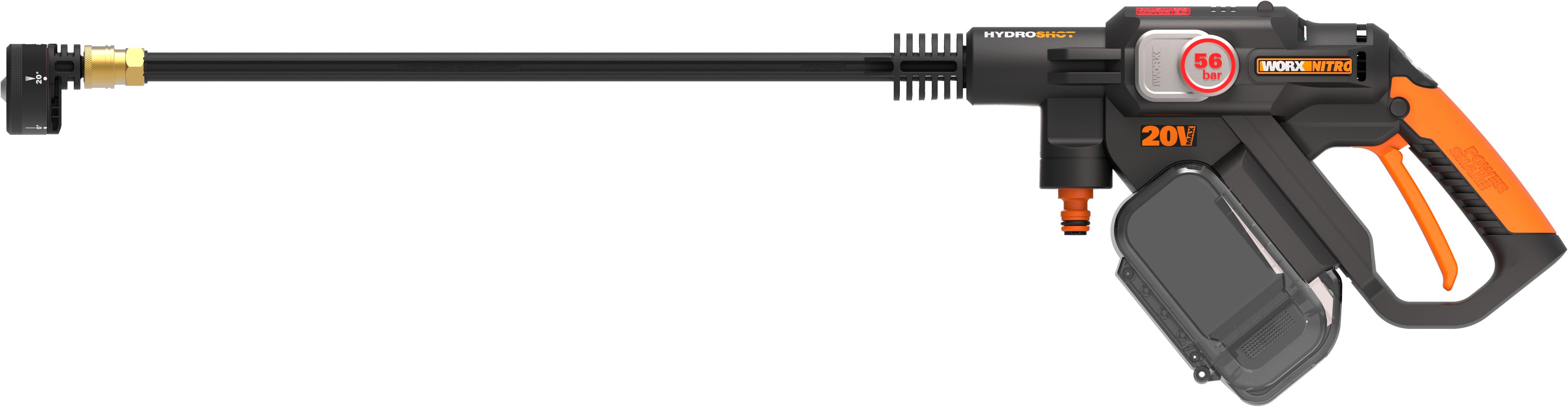 Worx Akku-Hochdruckreiniger WG633E Hydroshot, Druck max: 56 bar, Fördermenge max: 210 l/h, bürstenloser Motor, 5-in-1 Druckdüse, inkl. Akku und Ladegerät