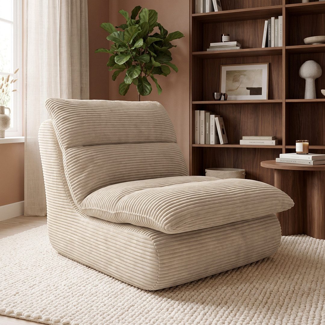 skølm Relaxsessel Sváfa aus Cord/Chenille, dick gepolsterter Vollschaumessel 11,5 cm (Cord, Beige), vakuumiert – ohne Aufbau 